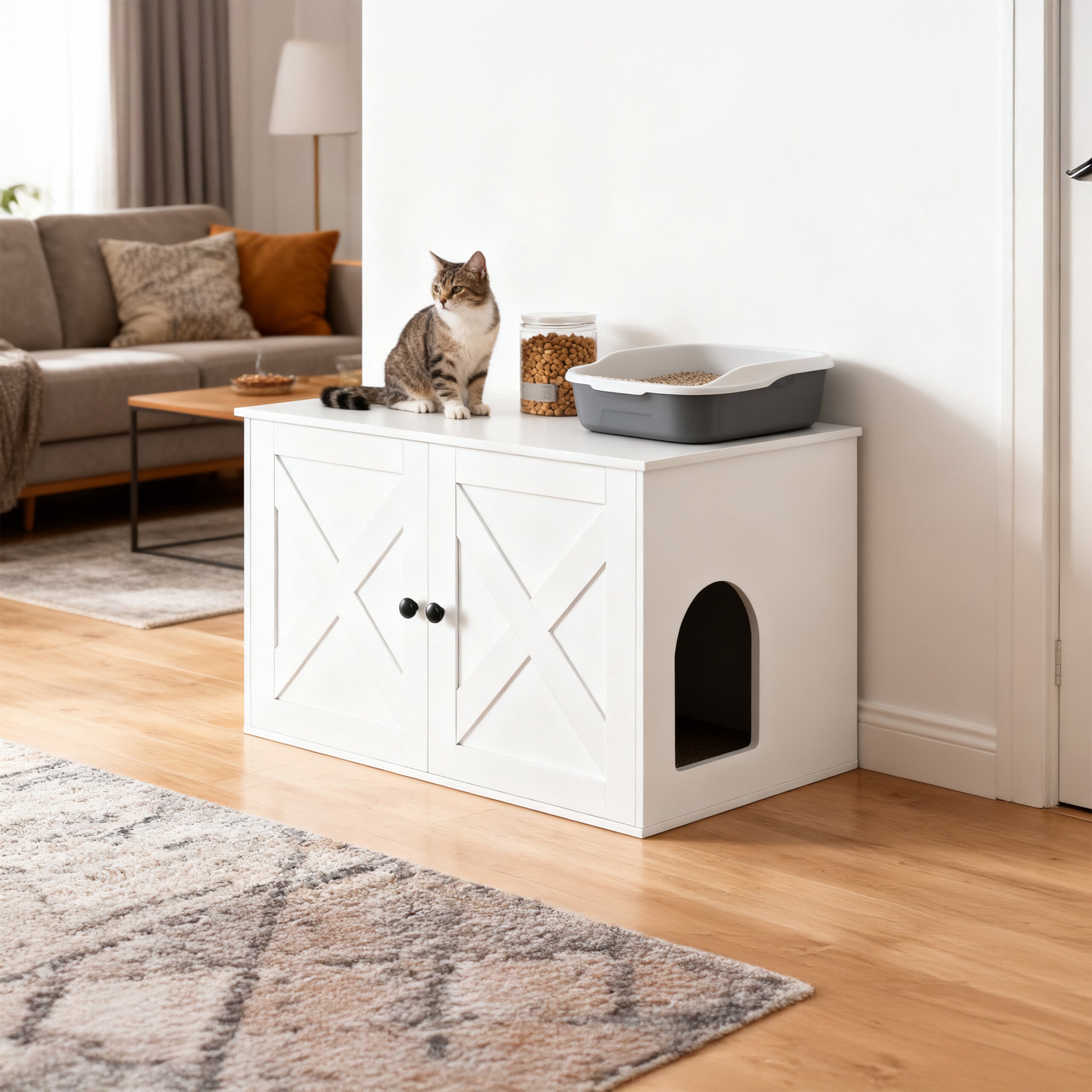 Armário para caixa de areia para gatos com divisória amovível e entrada lateral, MDF branco, 50 x 80 x 53 cm, Relaxdays - 2