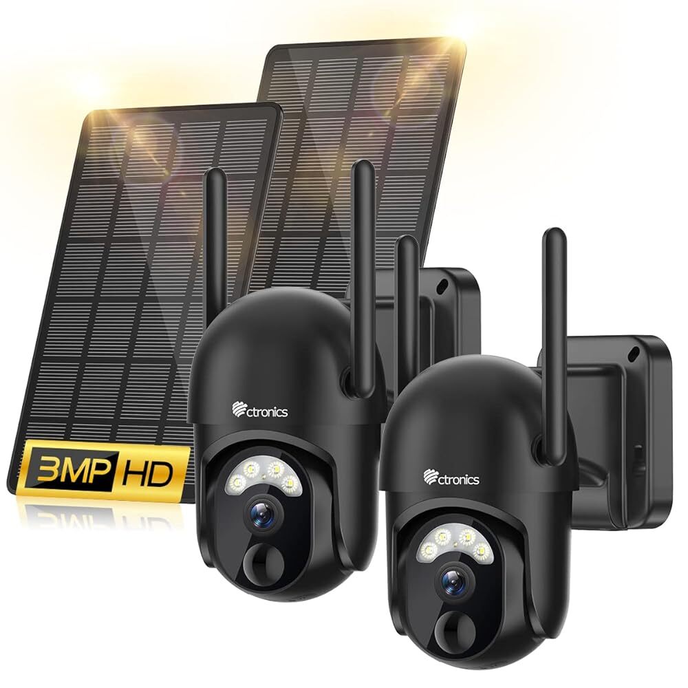 Ctronics Kamera Monitoringu 2K WiFi Zewnętrzna Słoneczna, Bateria, Kolorowy Tryb Nocny, Detekcja PIR Człowieka, Dwukierunkowe Audio, Zestaw 2 szt.