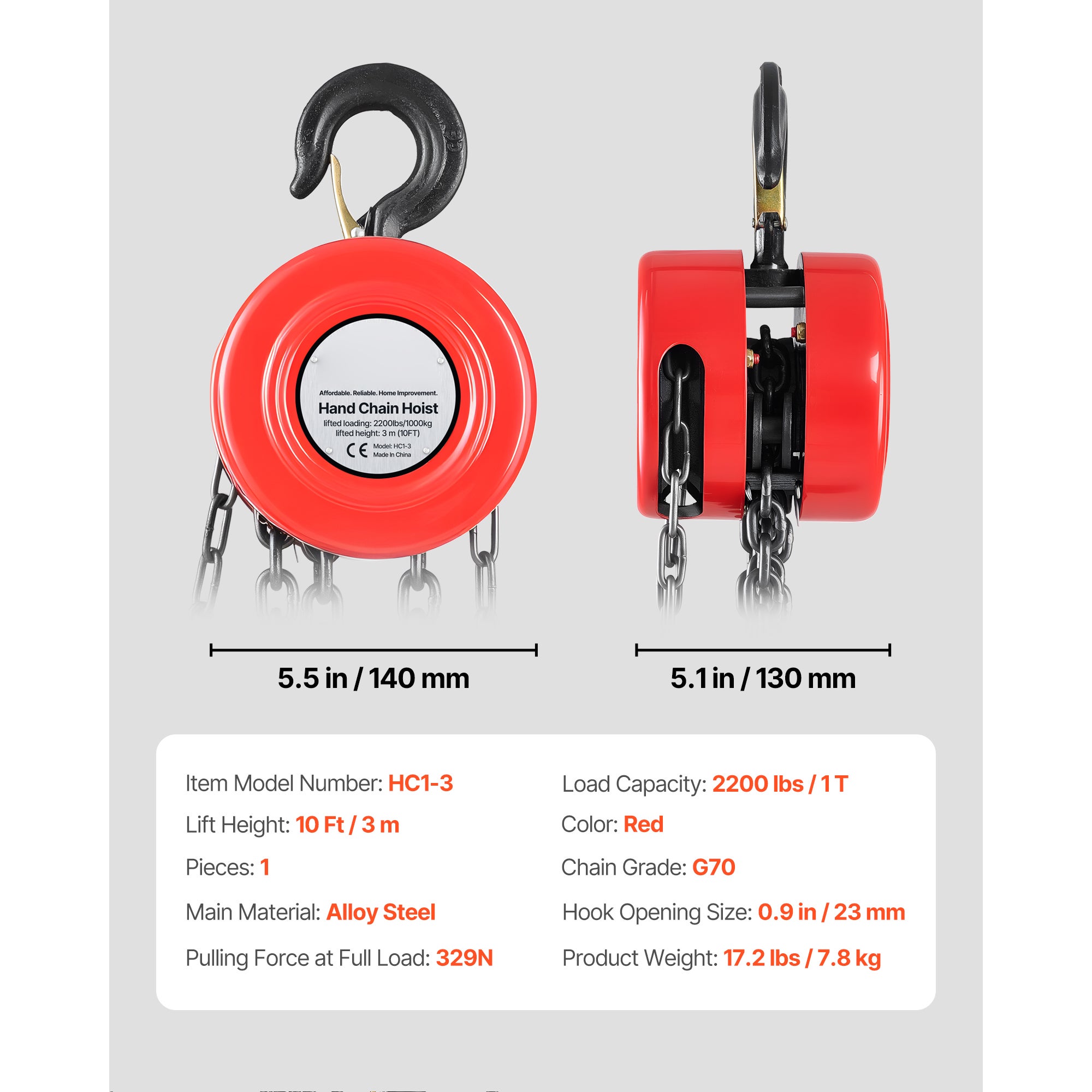 Palan manuel a chaine SucceBuy, capacite de charge 1 tonne, hauteur de levage 3 m, equipe deun crochet robuste, chaine G70 et frein securite mecanique - 7