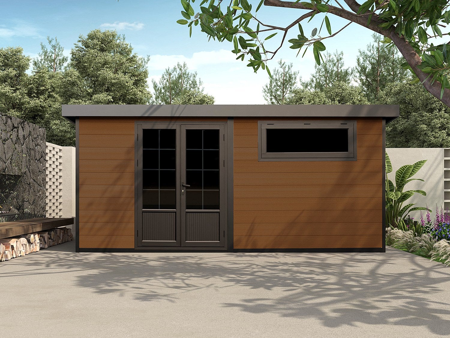 Abri de jardin en bois composite 28 mm - parois réversibles - gris anthracite ou naturel foncé - 17,25 m² - HAZELTON - 9