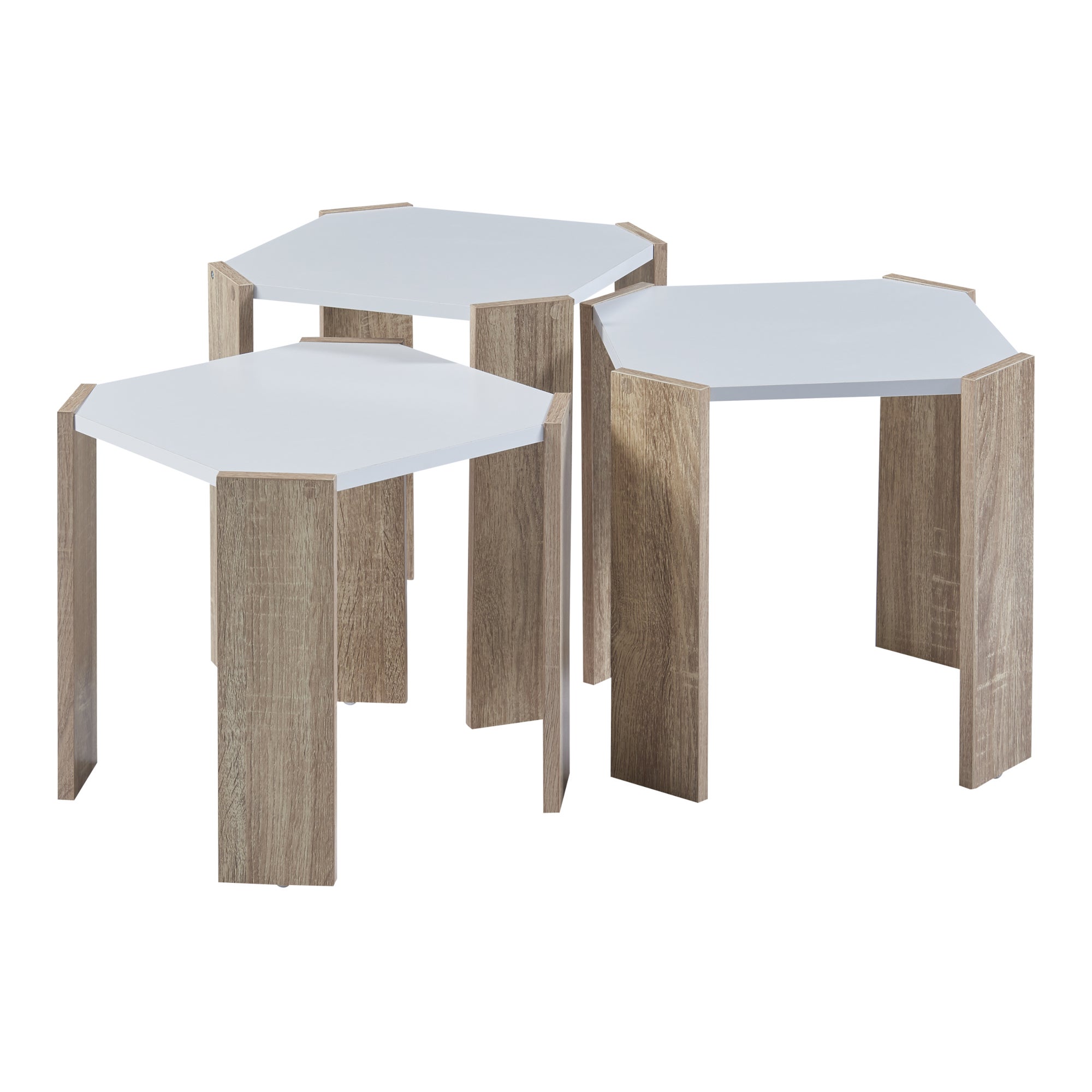 Set Di 3 Tavolini Da Salotto In Legno Di Rovere Naturale - Design Impilabile, Per Soggiorno E Camera