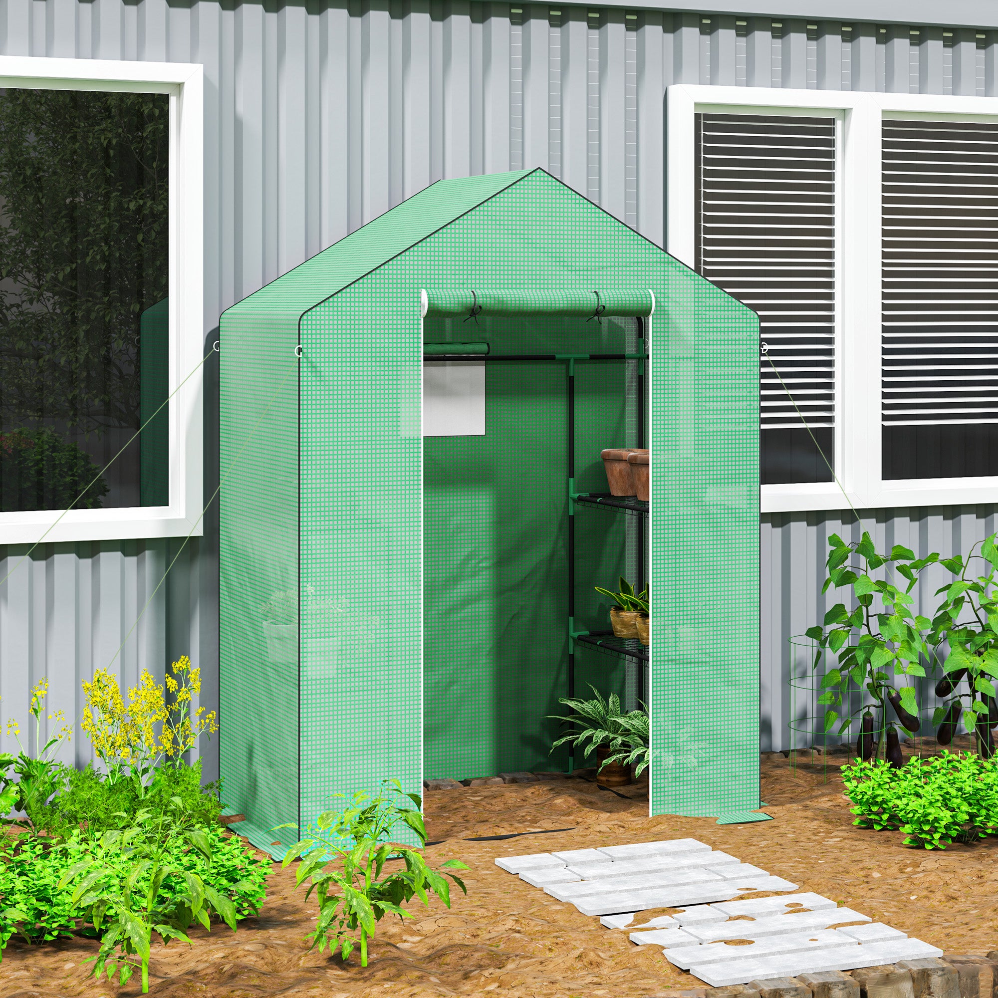Serra con ripiani, mini serra, resistente ai raggi UV, finestre in rete, porta con cerniera, 143 cm (L) x 74 cm (P) x 190 cm (A), verde - 3