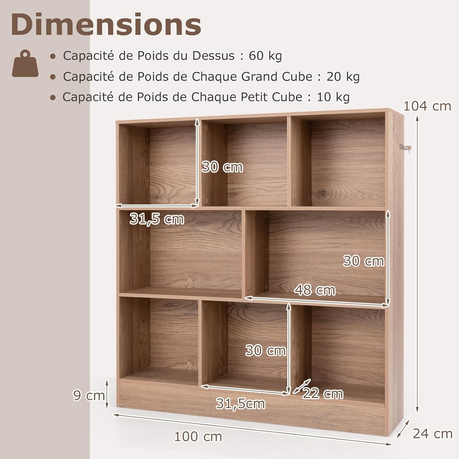 Libreria a 8 Cubi, Organizzatore di Stoccaggio a 3 Ripiani con 2 Kit Anti-Ribaltamento, Scaffale Multiuso in Legno per Soggiorno, Ufficio Stan - 3
