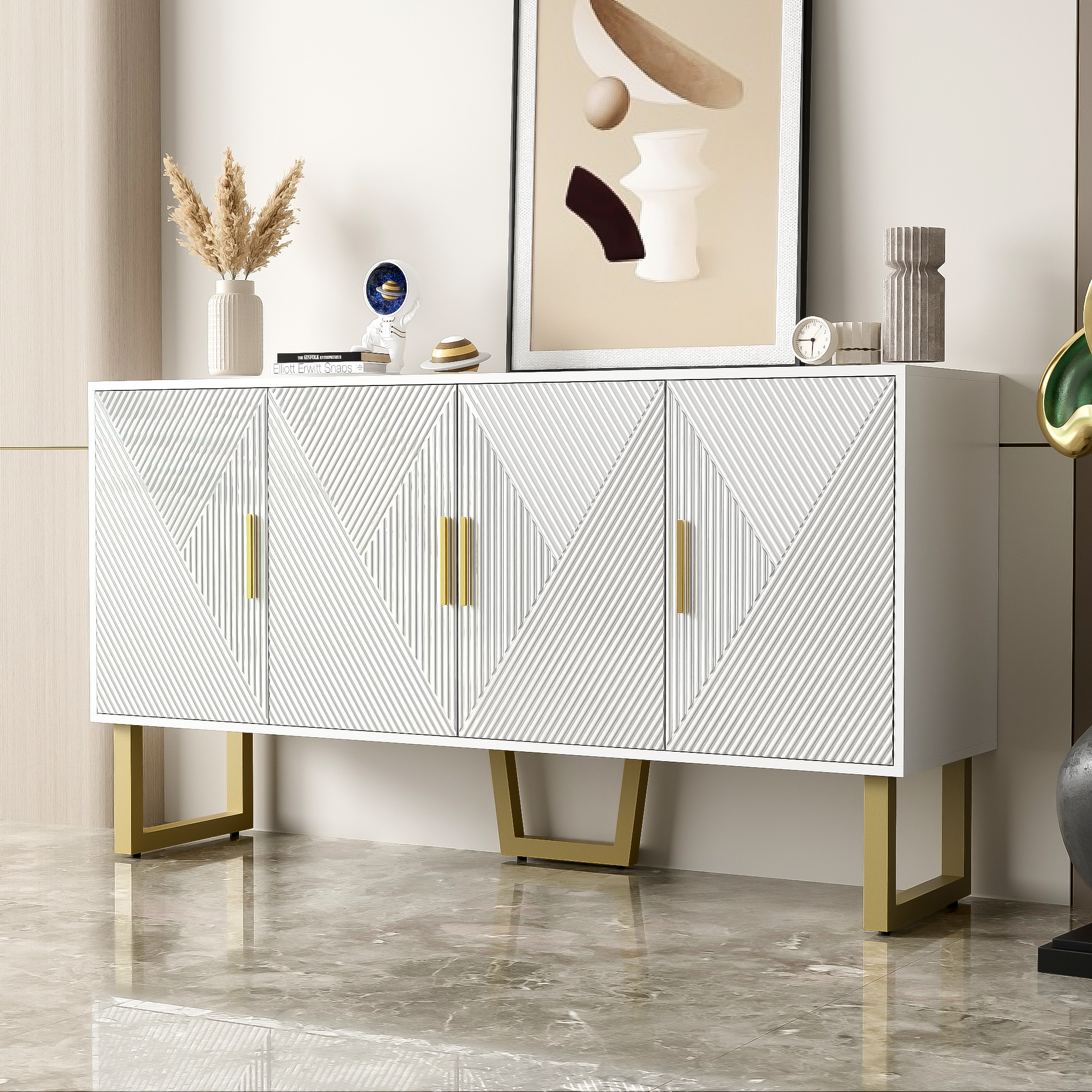Komoda z 4 drzwiami - 150 x 40 x 82 cm - MDF, płyta wiórowa i metal - biel i złoto