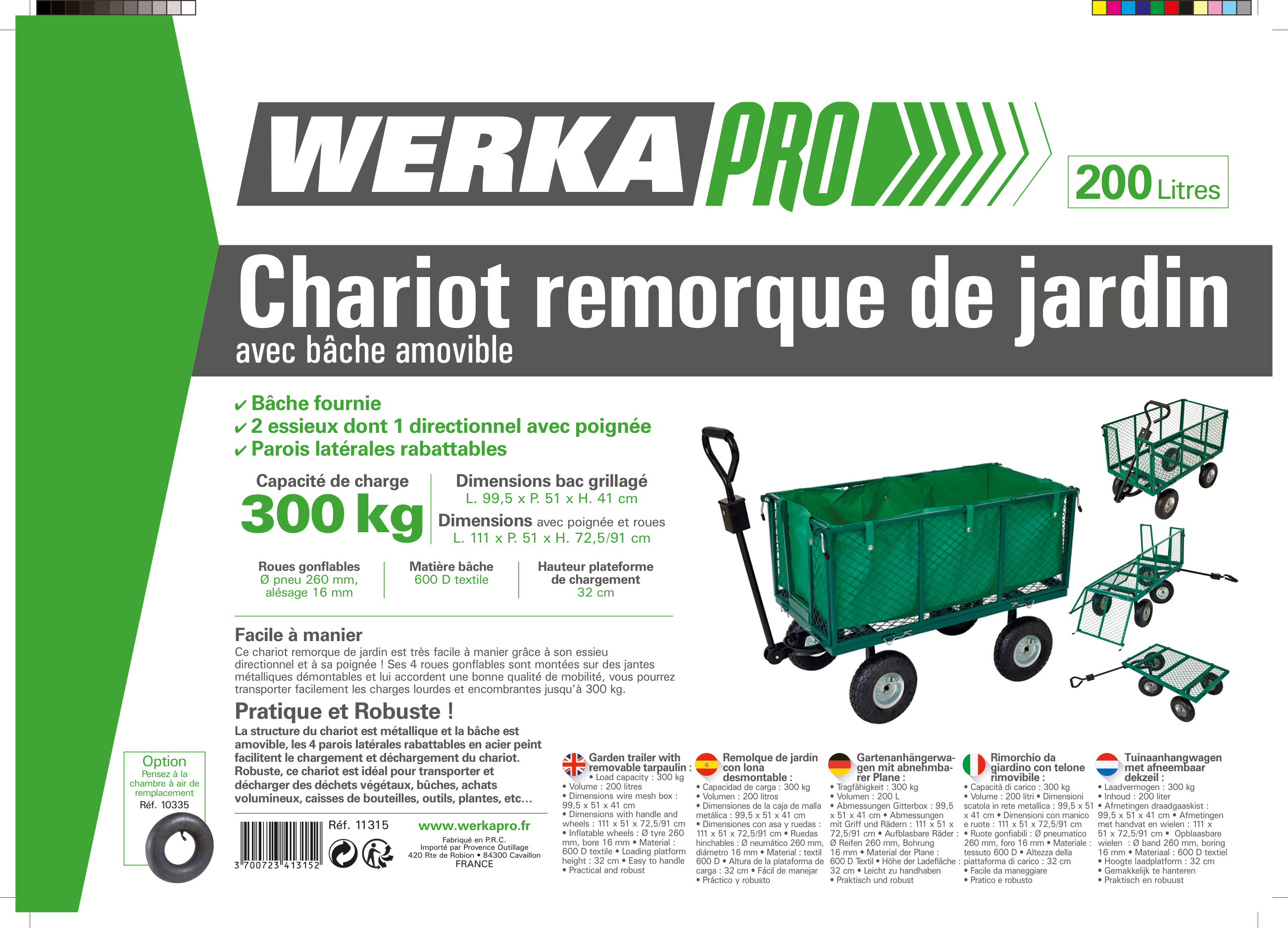 Remorque de jardin grillagée WERKA PRO pneus gonflables 300 kg - 6
