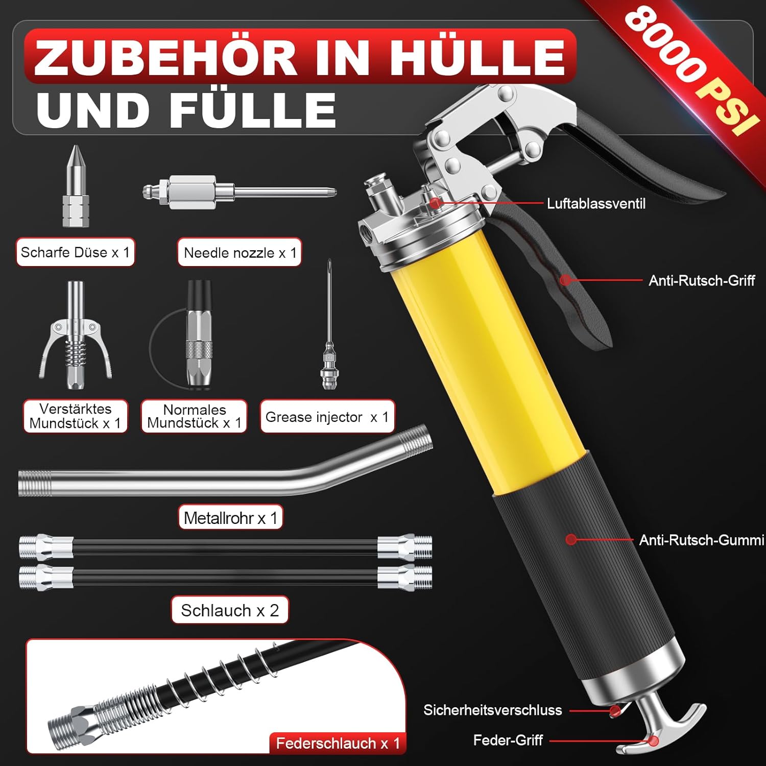 Pompe à Graisse électrique 10000 PSI Avec 2 Batteries - Débit 4.6 Oz/min, Tuyau 100 Cm, 3 Embouts, Pour Entretien Auto/moto - 8