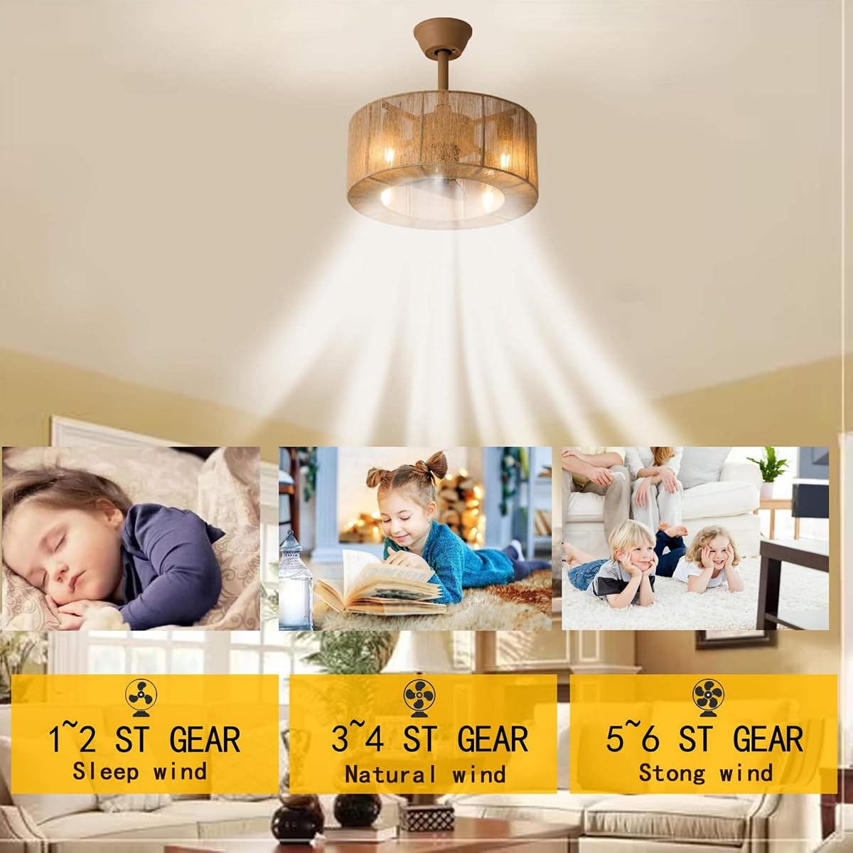 Wentylator sufitowy z oświetleniem i pilotem, żyrandol w stylu boho z wentylatorem, 6 prędkości wiatru, timer, regulowana wysokość, φ 45CM - 5