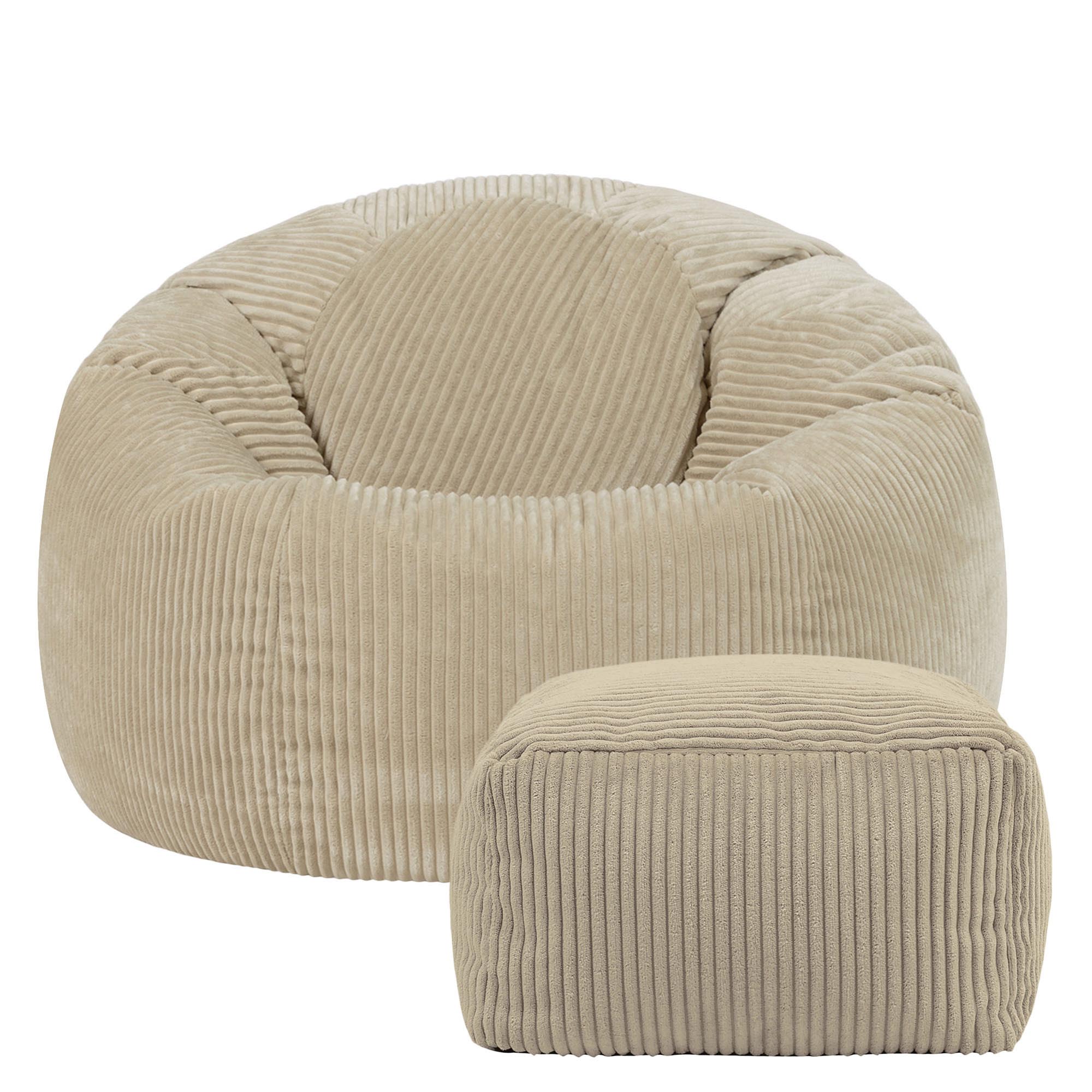 Pouf avec repose-pied Icon, salon, chambre velours côtelé beige galet, 85x85cm, Made in Allemagne, Oeko-Tex® - 4