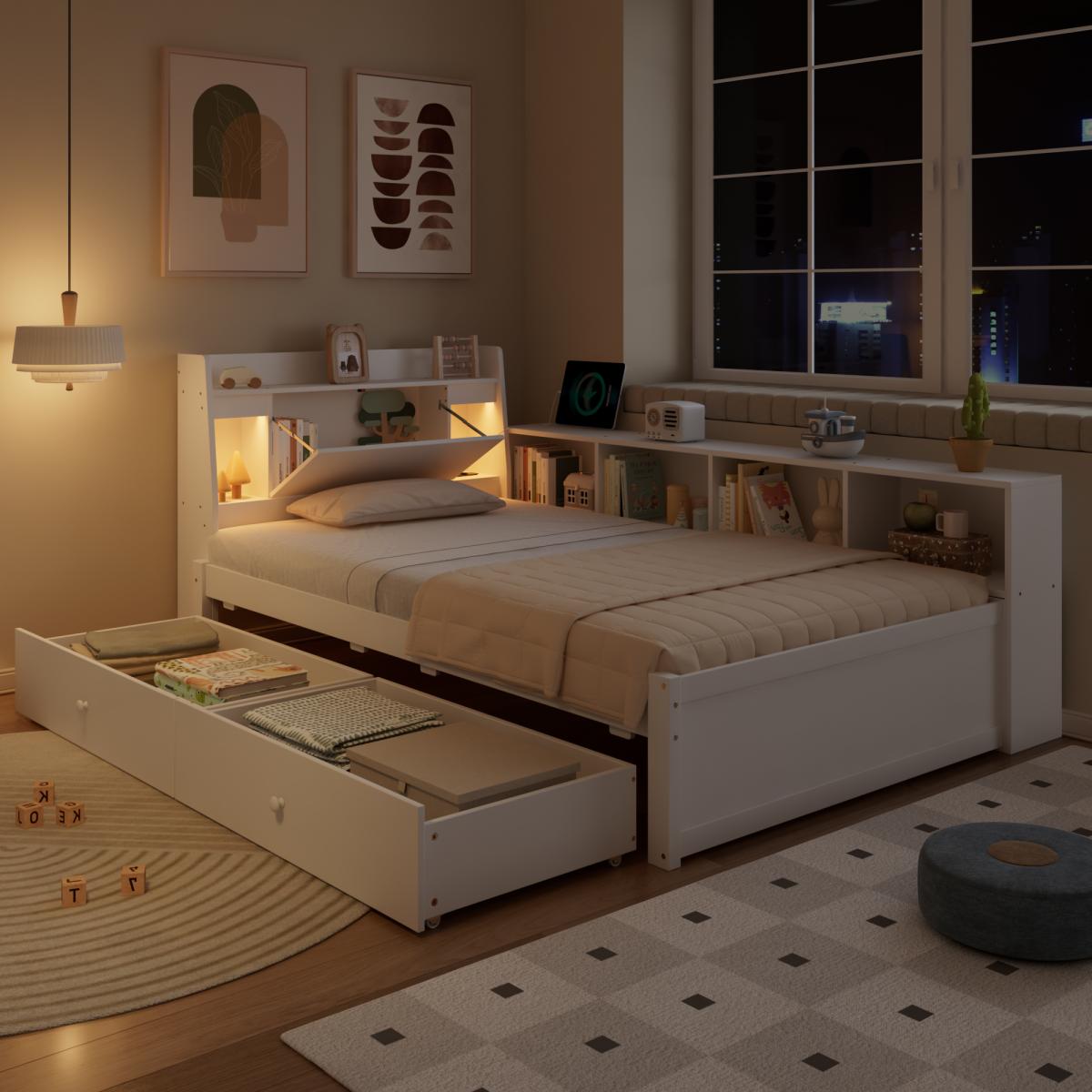 Letto singolo moderno 90x200 cm con testata con ripiani, lampade