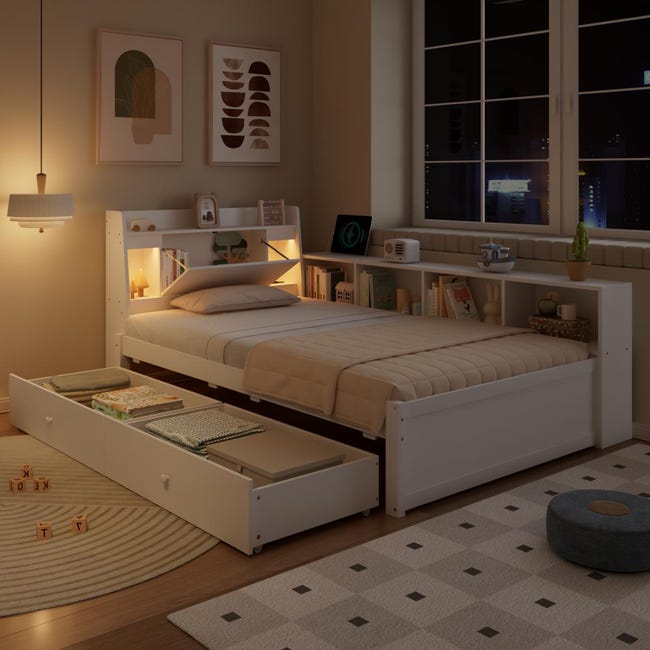 Letto singolo moderno 90x200 cm con testata con ripiani, lampade