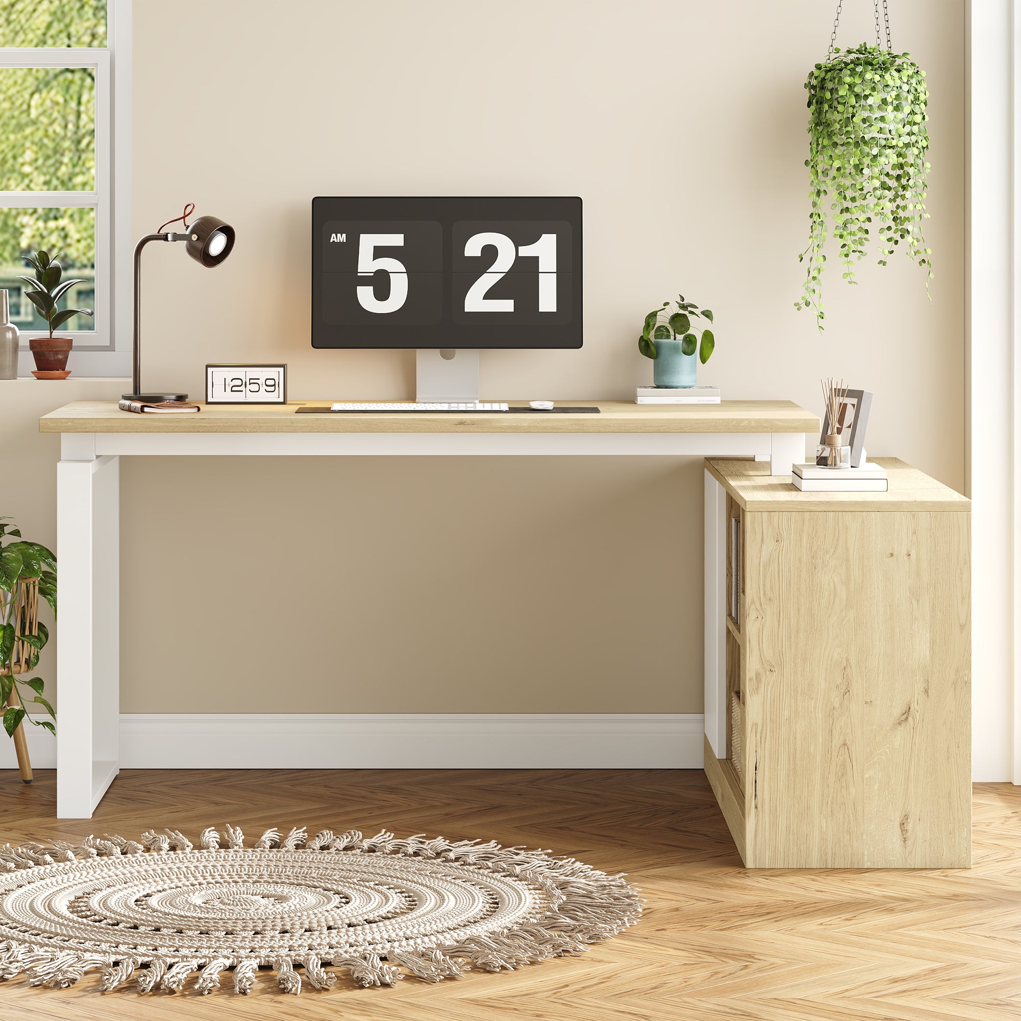 Bureau d'angle avec 2 tiroirs, 3 étagères ouvertes et 1 porte - 152 x 113,5 x 76 cm - MDF et métal - Étagères réglables - Bois naturel et Blanc - 2