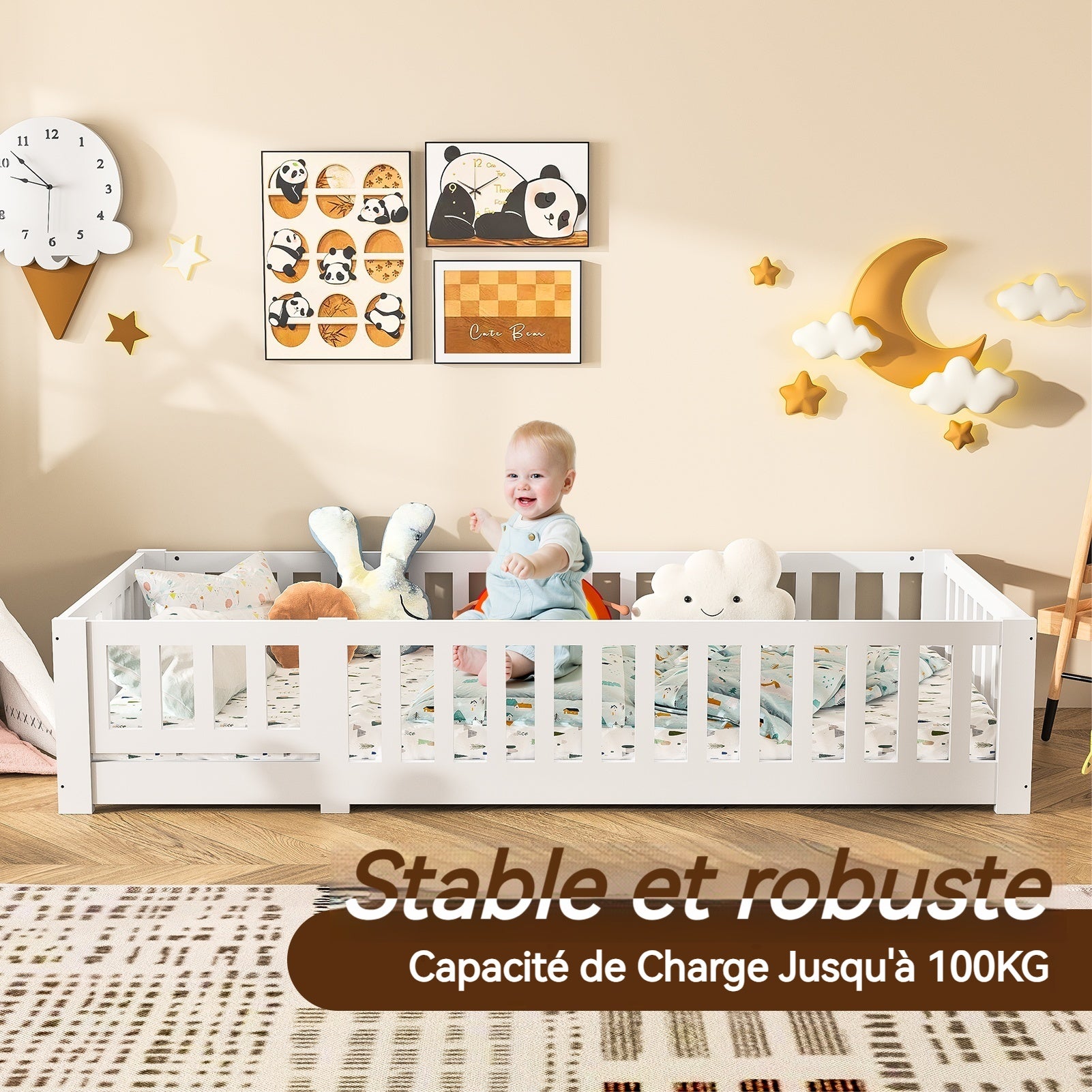 Lit Enfant 90 x 200 cm, Lit de sol en Bois Naturel de Pin Massif avec porte et Barrière de Sécurité, Lit Montessori avec sommier à lattes, Blanc - 3