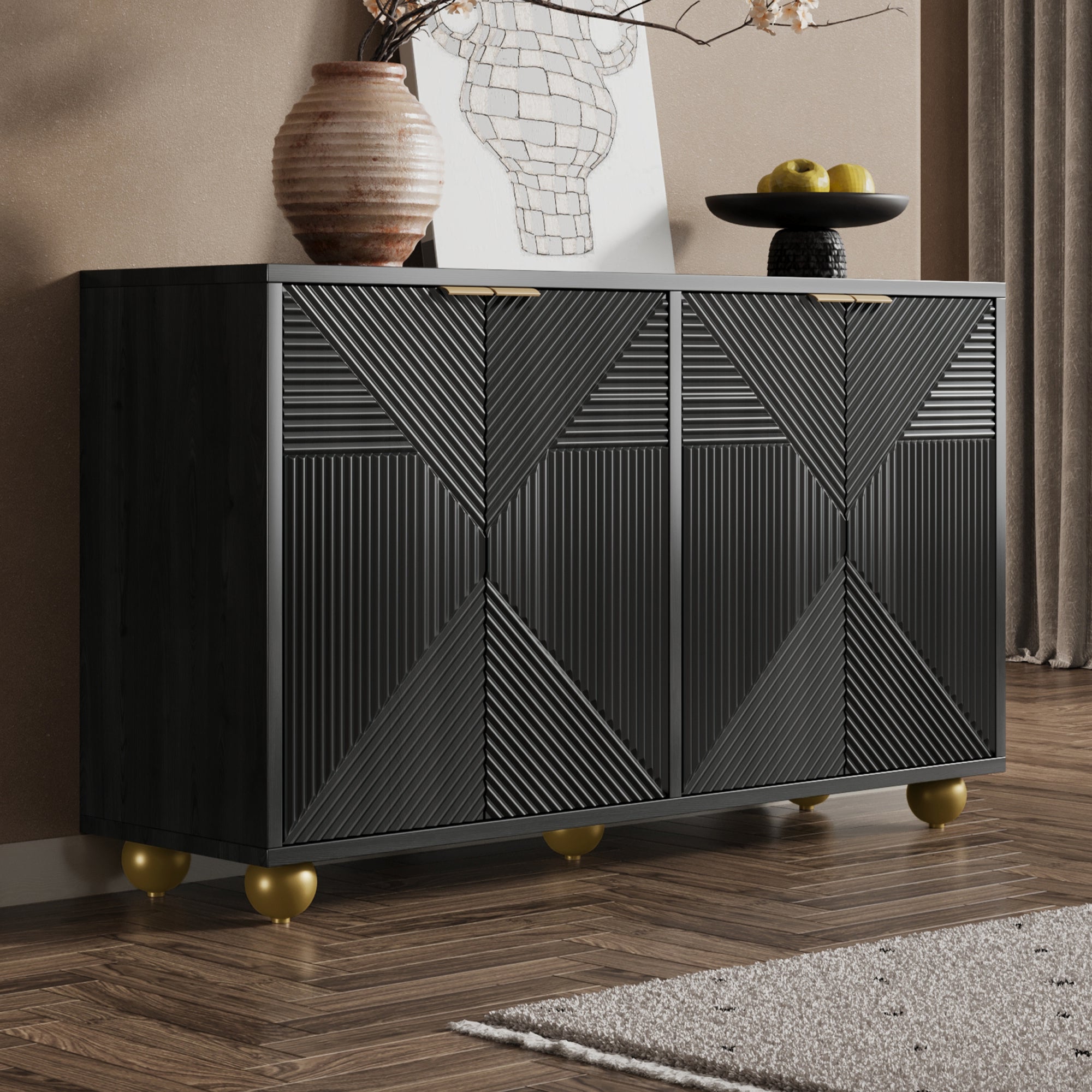 Komoda niska z 4 drzwiami - 120 x 35 x 71,5 cm - Regulowane półki wewnętrzne - Płyta MDF - Uchwyty metalowe i nóżki kulowe - Kolor czarny