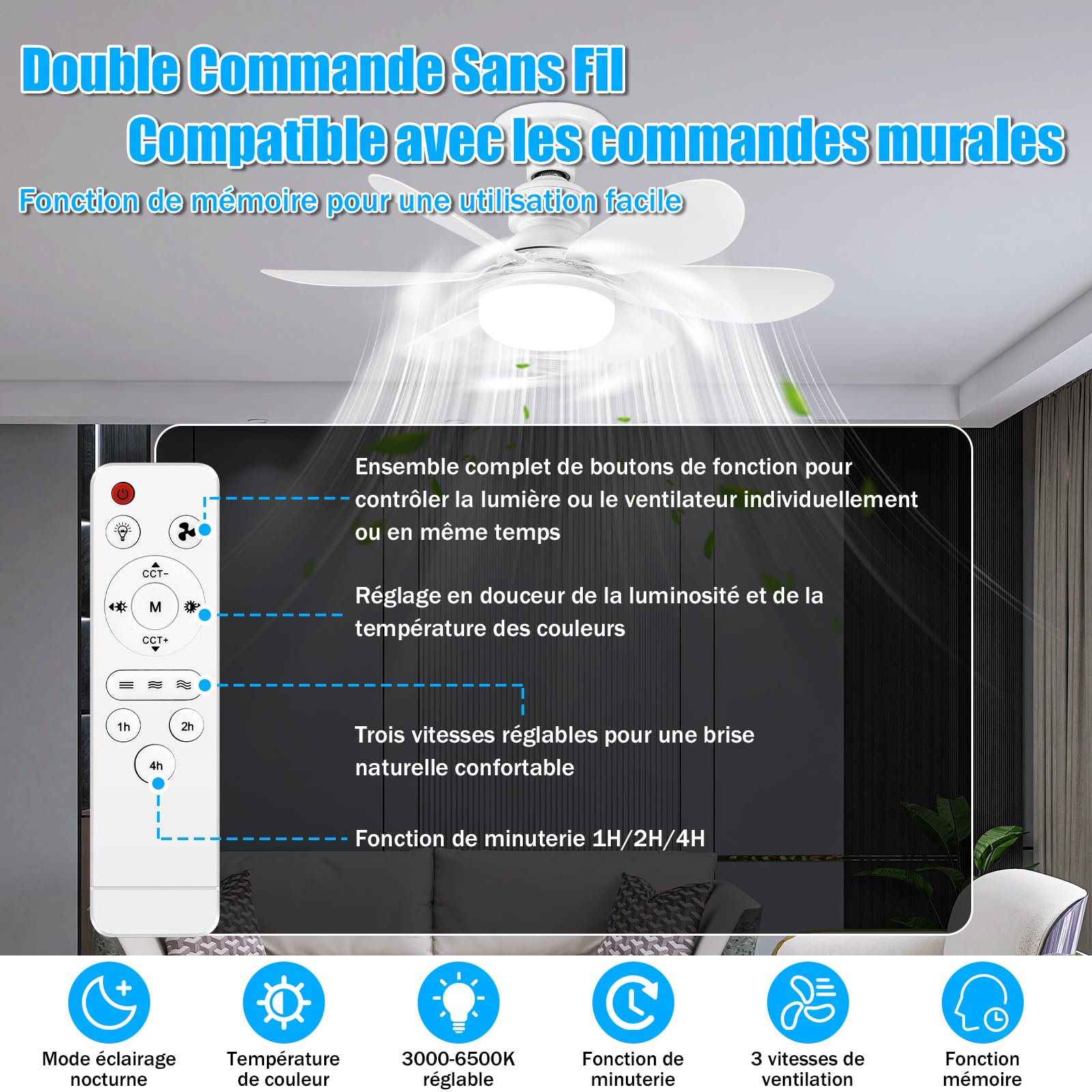 Ventilateur de plafond 2 pièces avec source lumineuse et télécommande, 3000K-6500K, trois vitesses de vent, minuterie, avec culot E27,40W,52cm(marron) - 4