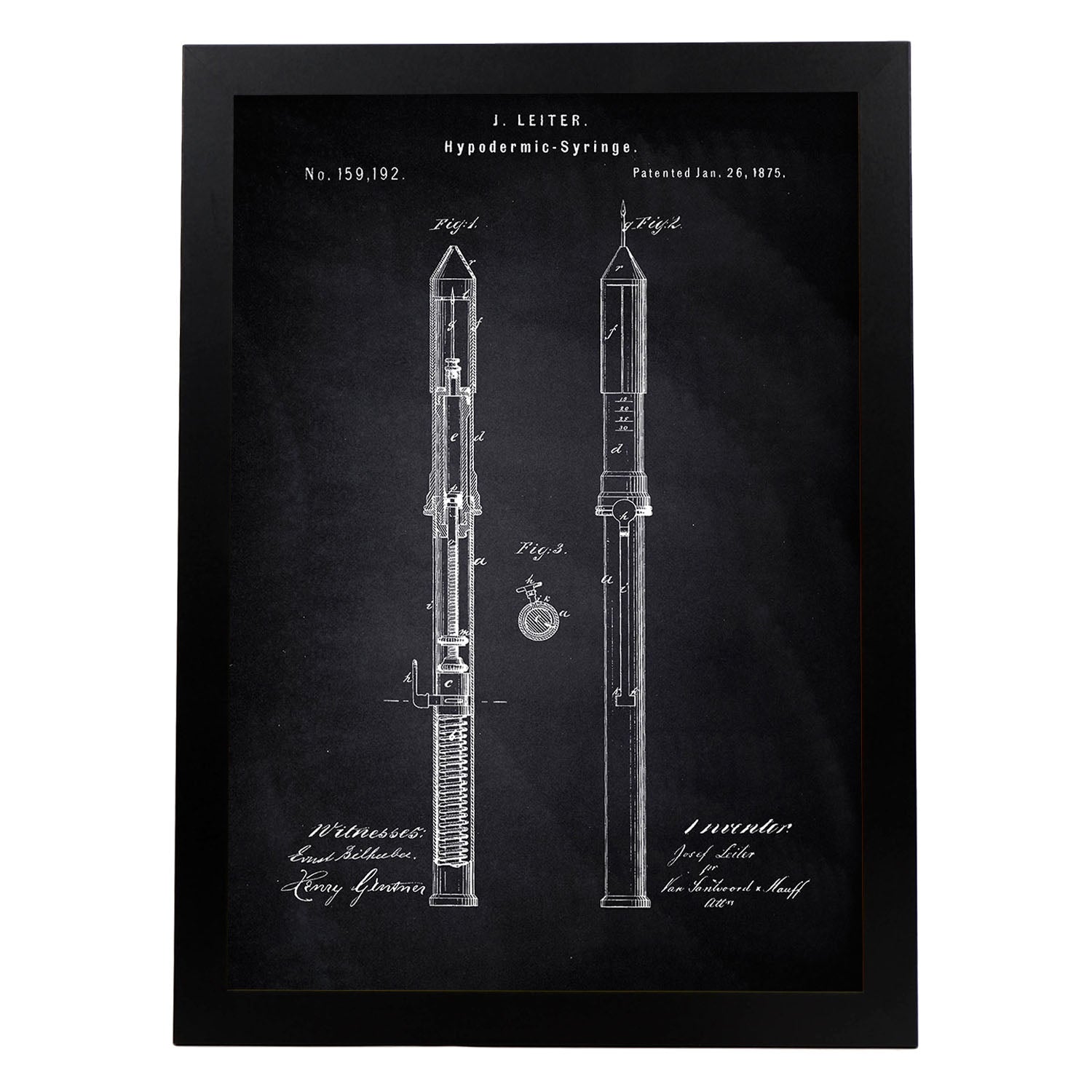 Nacnic poster con patente de jeringuilla lámina con diseño de patente antigua en tamaño a3 y con fondo negro sin marco