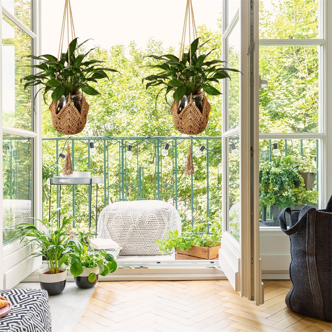 Lot de 2 paniers à fleurs suspendus en corde de jute avec crochets pour la décoration intérieure - 5