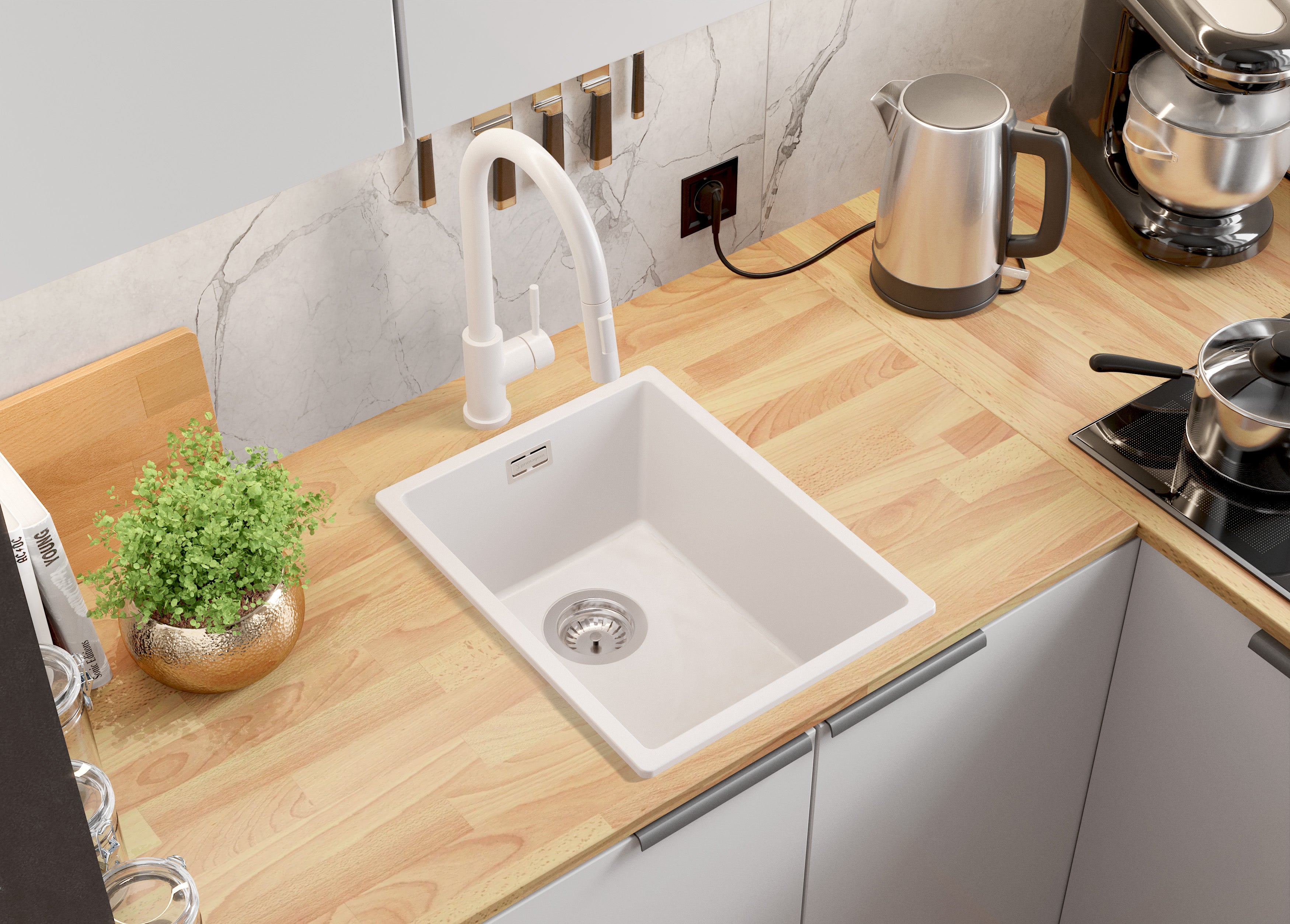 Lavello da Cucina Bianco 36x47cm, Lavandino in Granito a 1 vasca + Sifone Classico, Lavabo da Cucina Incasso al mobile 40cm - London Slim PRIMAGRAN - 2