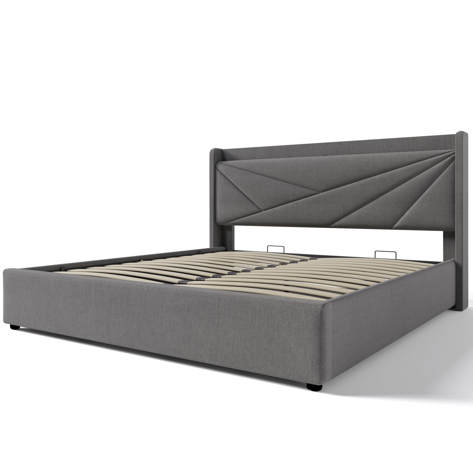Cama contenedor 160x200 cm de tela de lino - con puerto USB y somier - Gris - 7