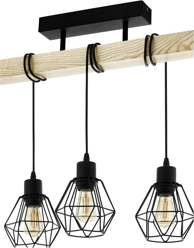 Lampa wisząca, żyrandol 3-punktowy, abażury wiszące w stylu vintage i industrialnym, oświetlenie retro ze stali czarnej i drewna, oprawka E27