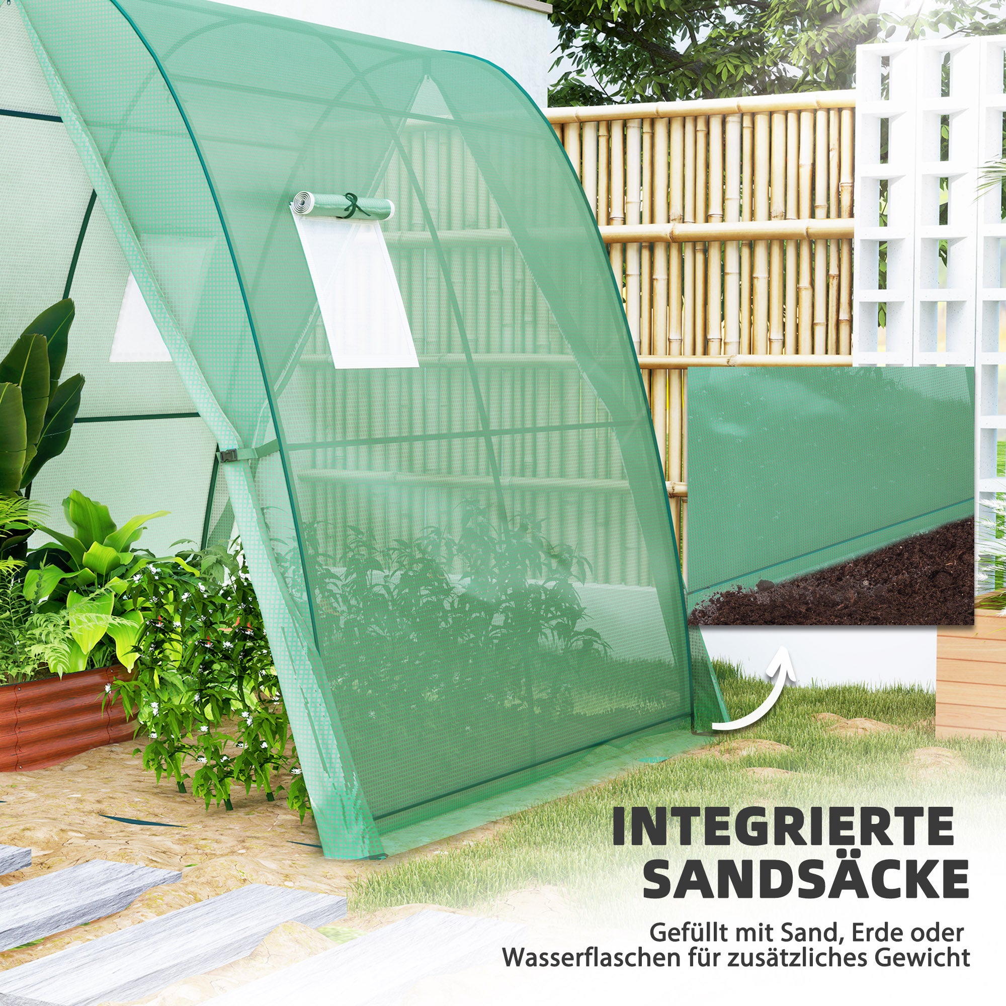 Serre voûtée avec sacs de sable et bâche plastique, 2 portes enroulables, fenêtres en filet, portable, 1,8 x 1,8 x 2 m, verte - 6