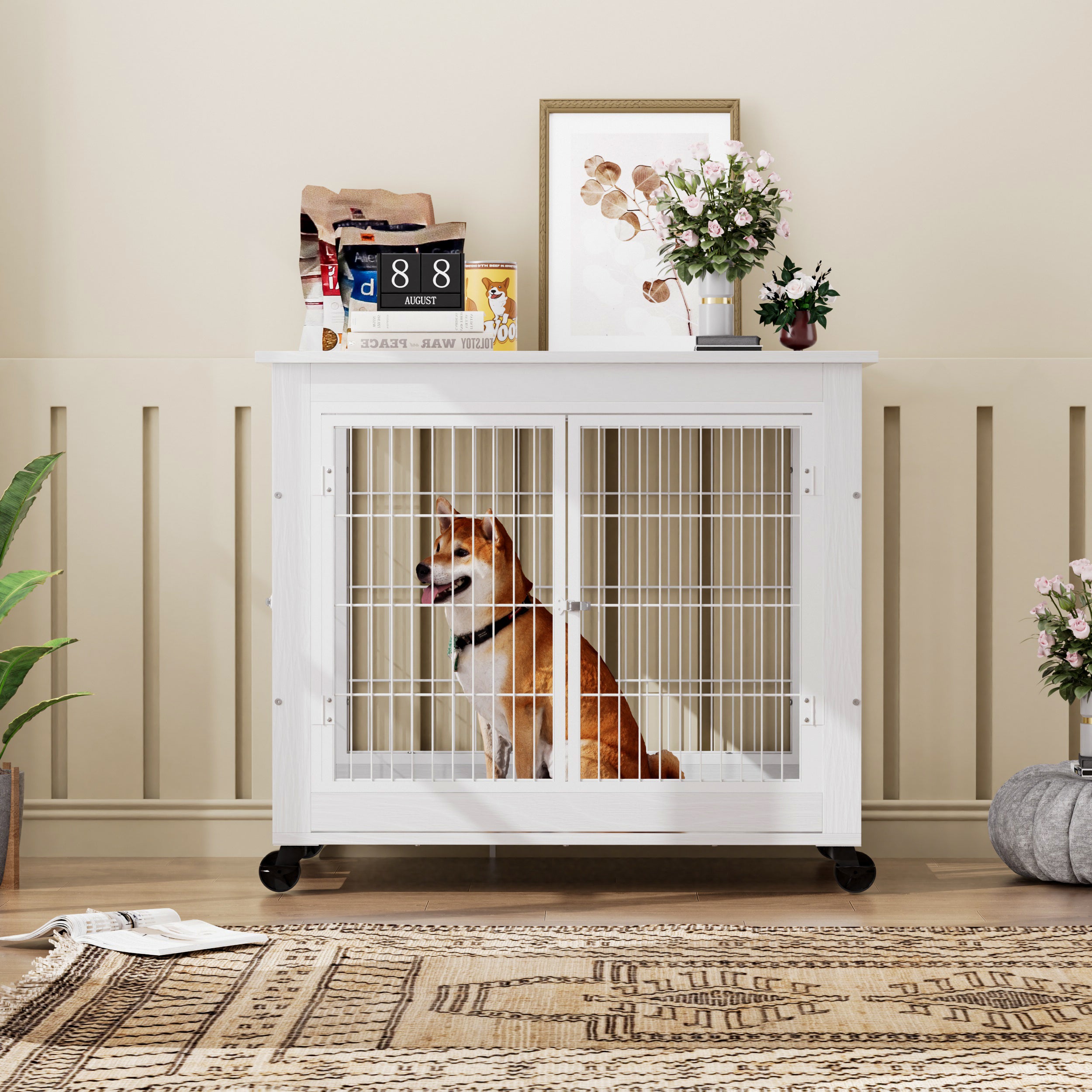 Moradia para Cão im Möbelstil, Canil de Madeira-Tisch mit Doppeltür, Hundehütte für den... - 2