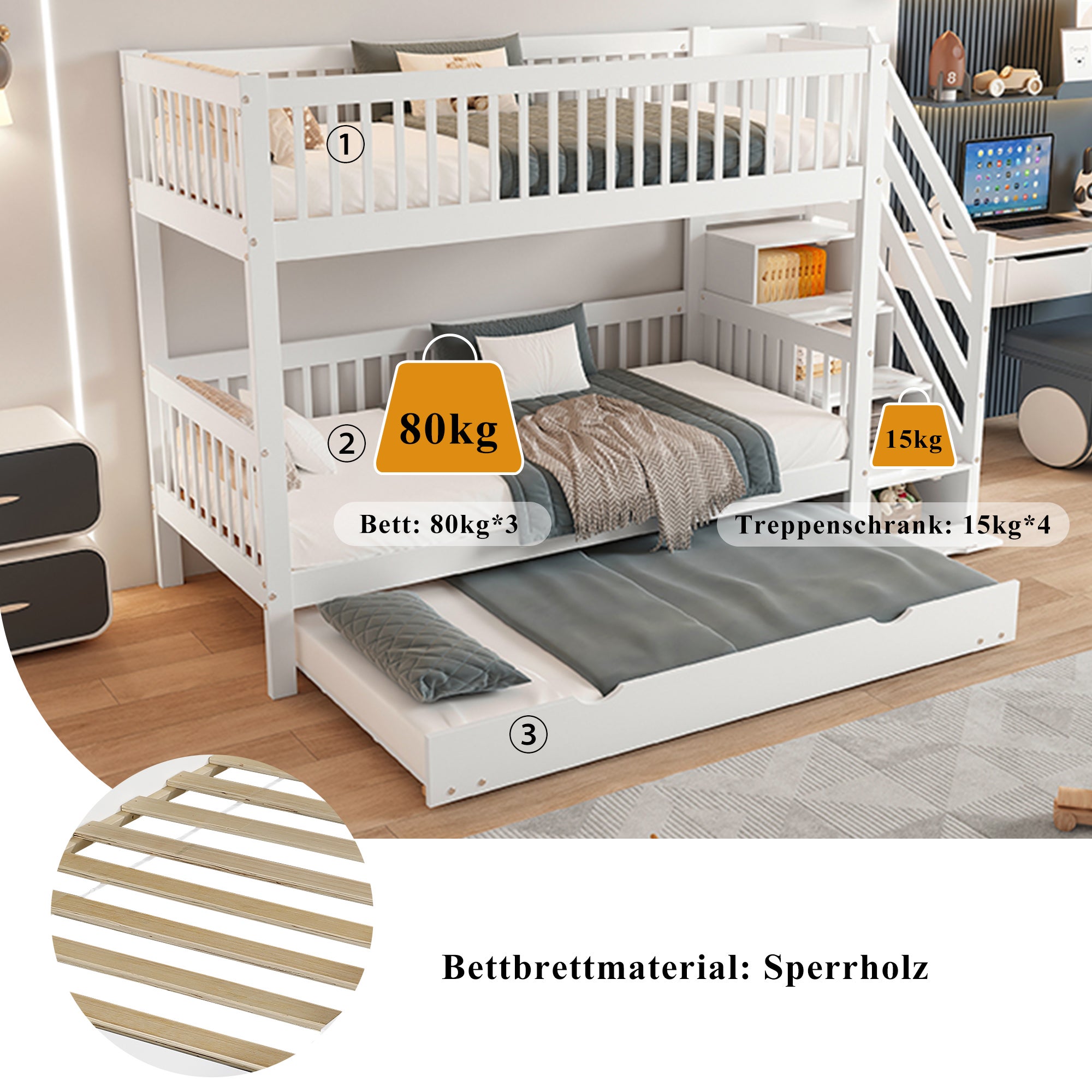 Łóżka piętrowe 2 x 90 x 200 cm + łóżko wysuwane 90 x 190 cm - 3 szuflady i schodki - sosna + płyta MDF - kolor biały (Materace nie są wliczone w cenę) - 7