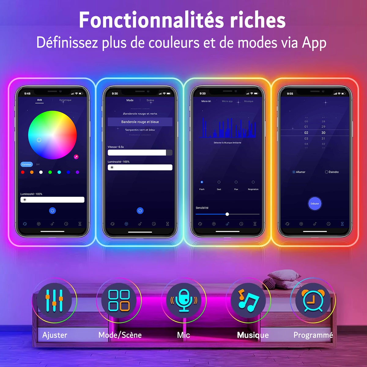 Kit de Néon flexible LED RGB 5m, DC 12V, bande lumineuse LED flexible pour intérieur et extérieur, APP/Télécommande, Plusieurs modes, IP65 étanche - 6