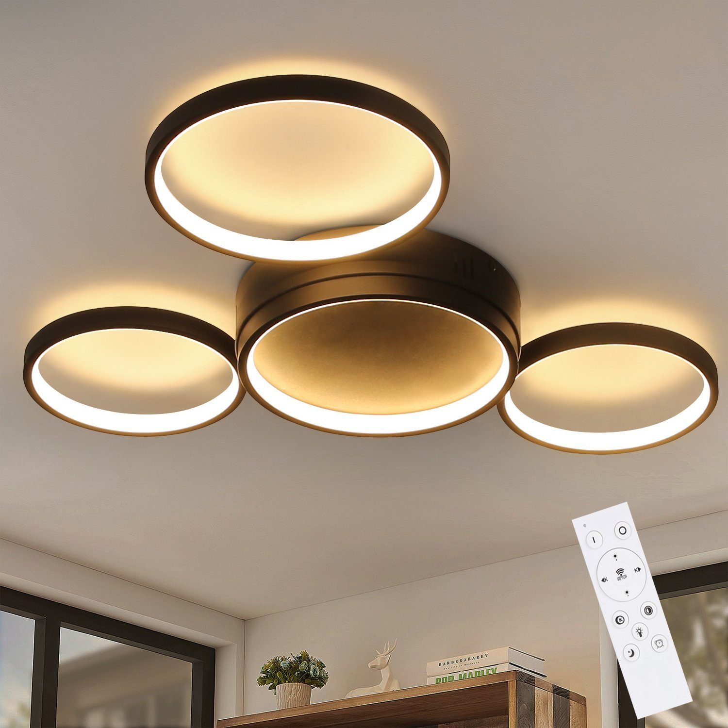 NETTLIFE Czarna lampa sufitowa LED ściemniana z pilotem Nowoczesny design 4 pierścienie 52 W do wnętrz aluminiowych jadalnia pokój dziecięcy