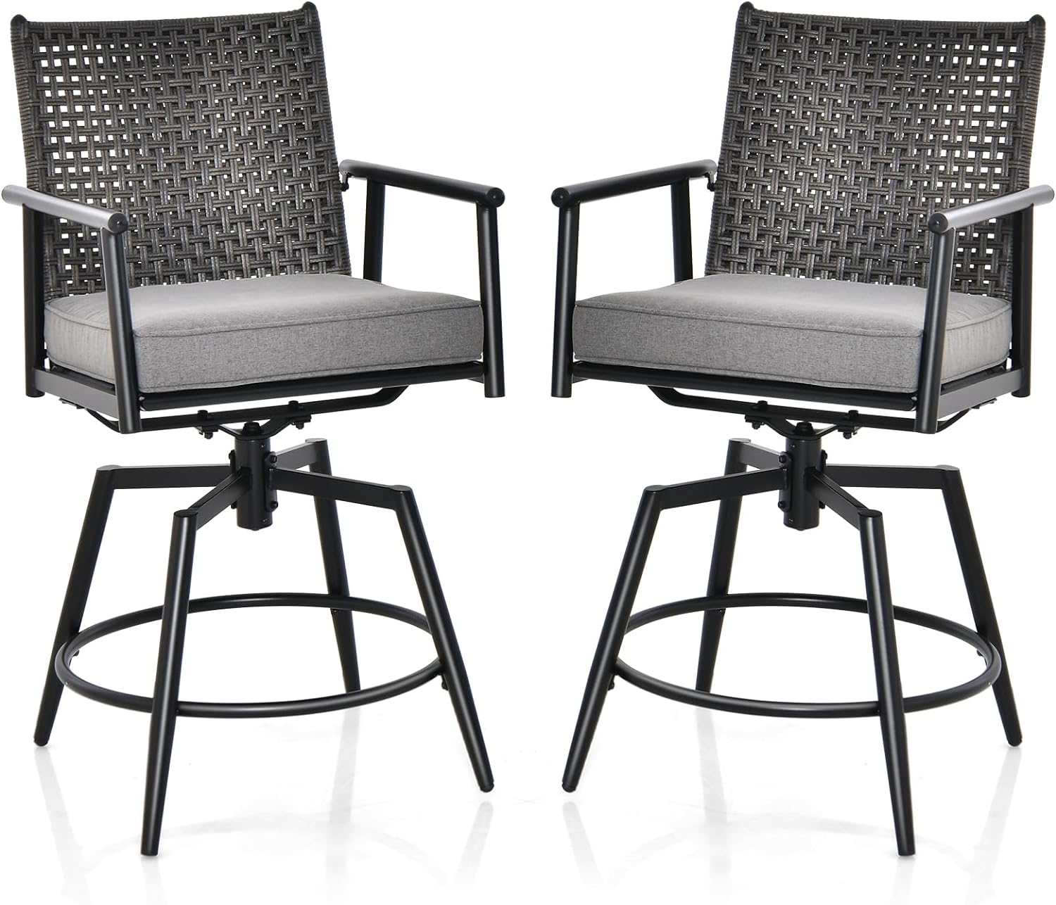 Zestaw 2 stołków barowych obracanych o 360°, krzesła ogrodowe z oparciem z polirattanu PE, zdejmowaną wyściełaną poduszką, do ogrodu i na