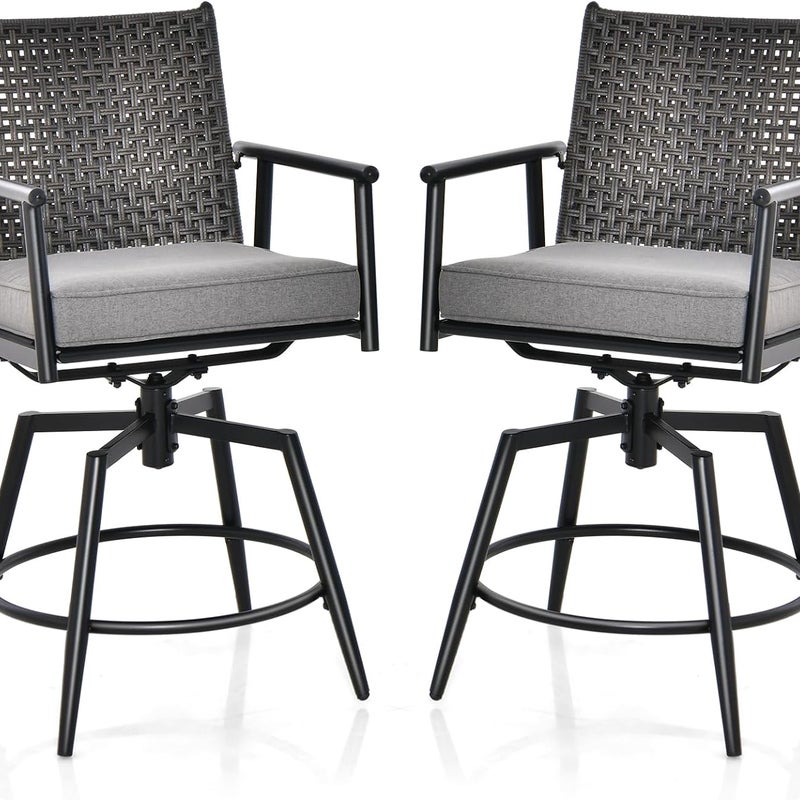 Zestaw 2 stołków barowych obracanych o 360°, krzesła ogrodowe z oparciem z polirattanu PE, zdejmowaną wyściełaną poduszką, do ogrodu i na
