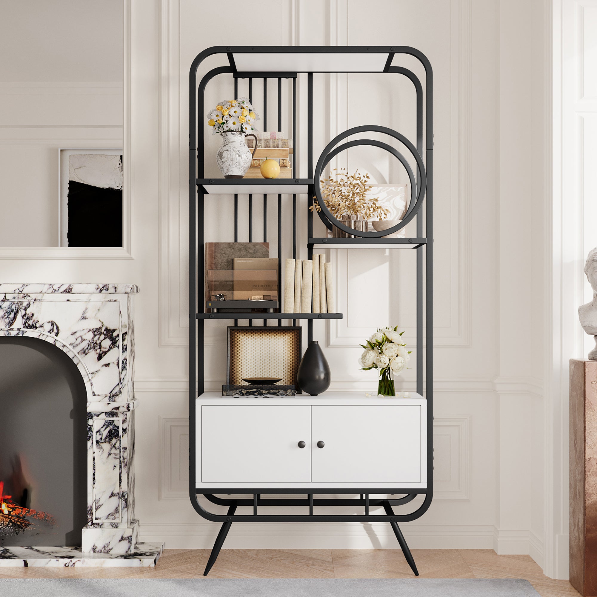 Nowoczesna metalowa biblioteczka 80x30x180 cm - mebel z 2 drzwiami - 3 półki - okrągłe elementy dekoracyjne - biały + czarny