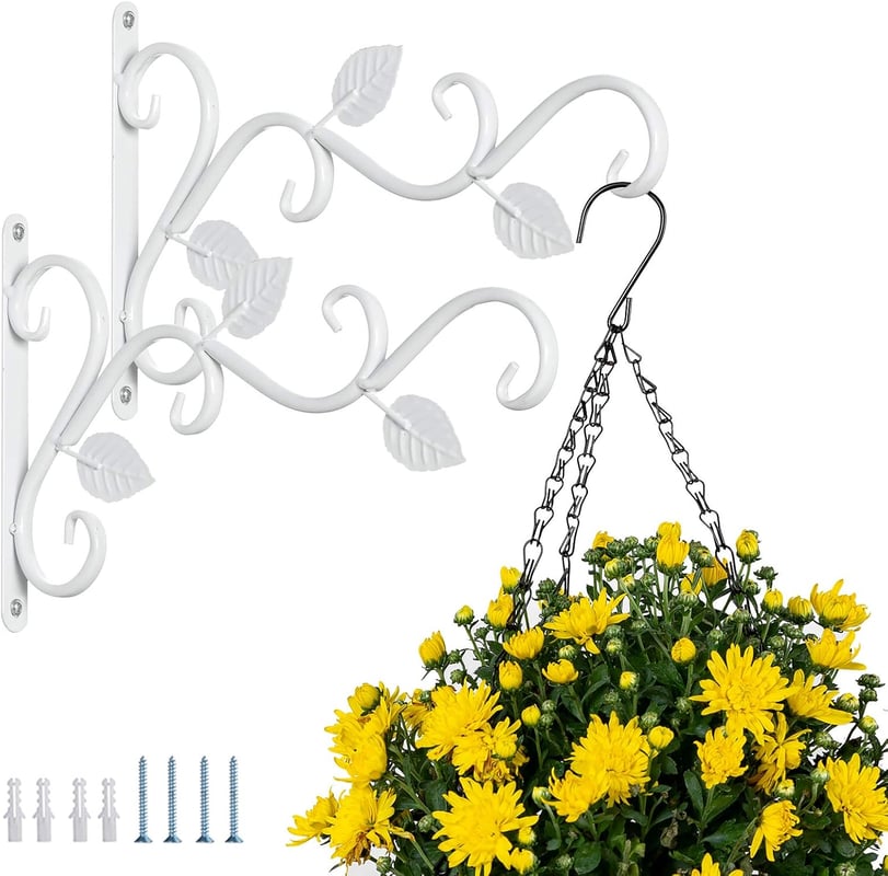 Uchwyt ścienny do roślin, 2 haki żelazne, uchwyty ścienne, wieszak na doniczkę 30 cm, karmnik dla ptaków, biały