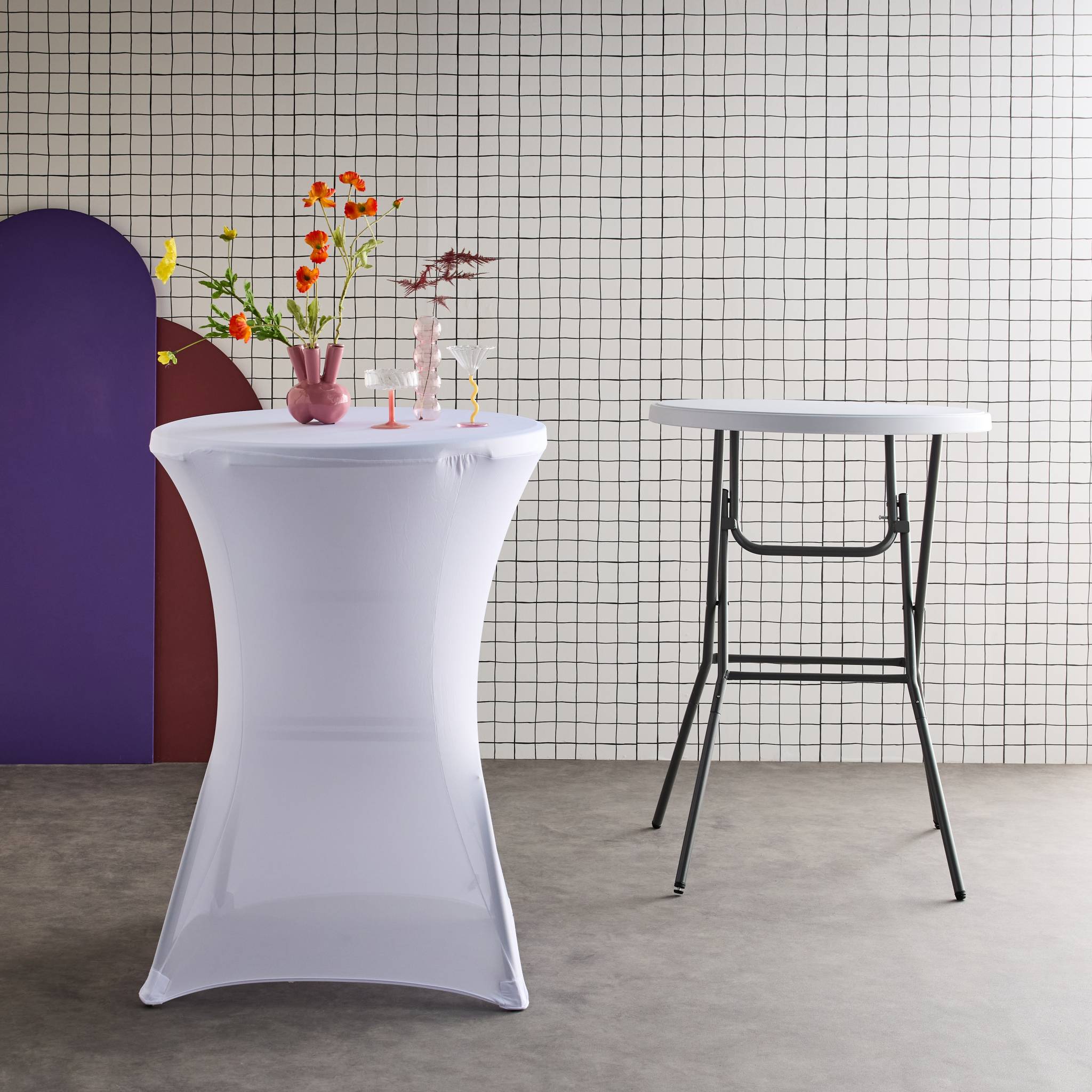 Lot de 2 tables hautes de réception – GALA – Mange debout. pliables. Ø80cm x 110cm + 2 housses en polyester. blanches - 6
