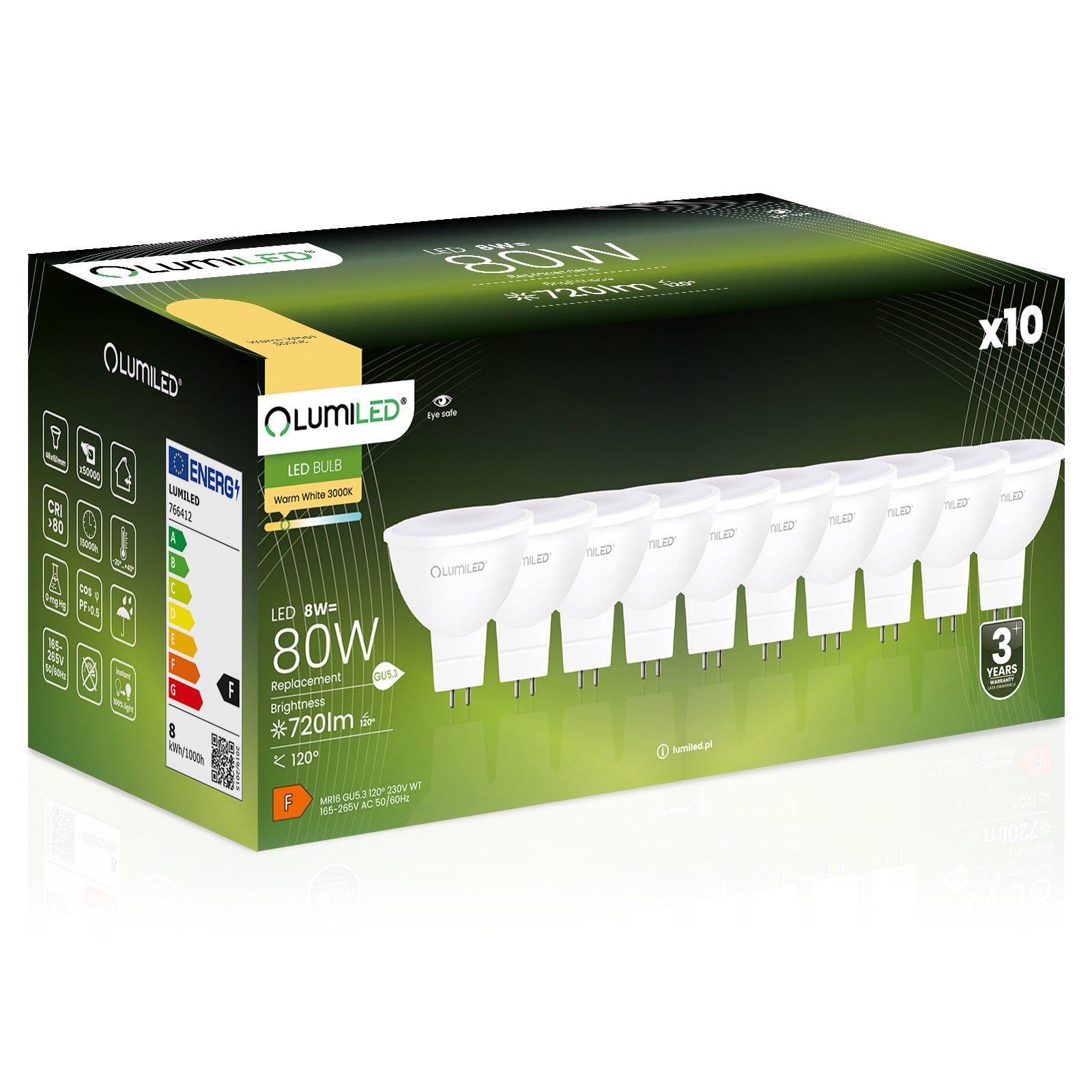 10x Żarówka Lumiled LED GU5.3 Reflektor MR16 8W = 80W 720lm 3000K Ciepła 120st