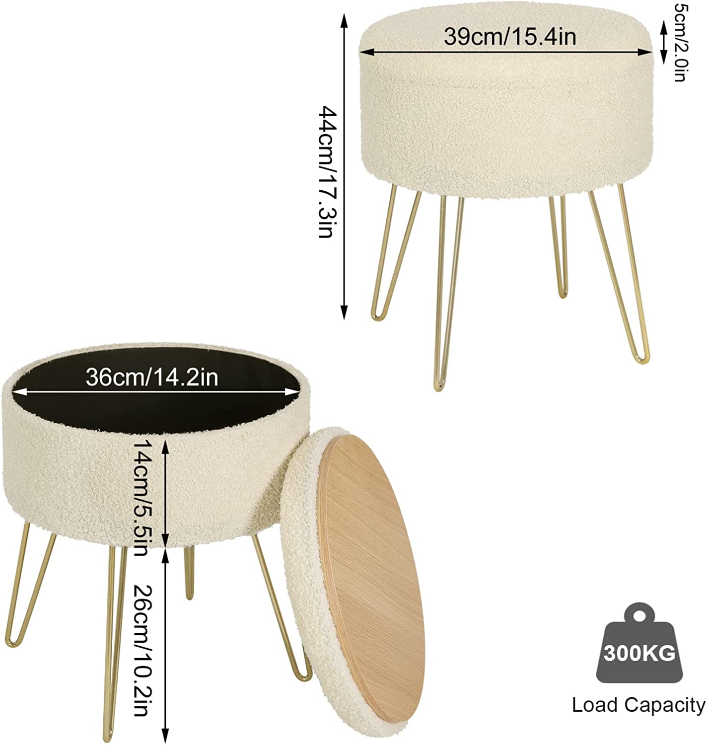WOLTU Pouf de Rangement rond，Tabouret Coiffeuse，pour Salon Chambre，Siège en Molleton Polaire avec Couvercle，Beige - 4