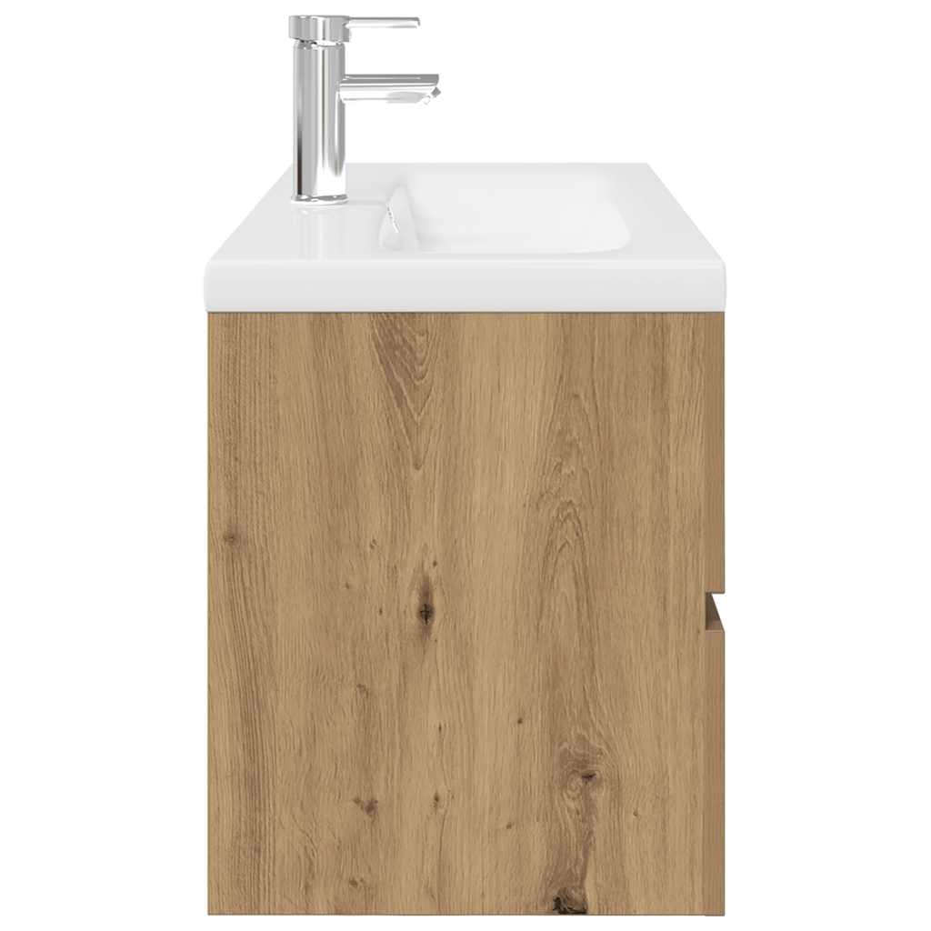 Meuble sous vasque suspendu 90 cm chêne artisanal lavabo céramique avec robinet rangement salle de bain mural – ComfortXL - 7