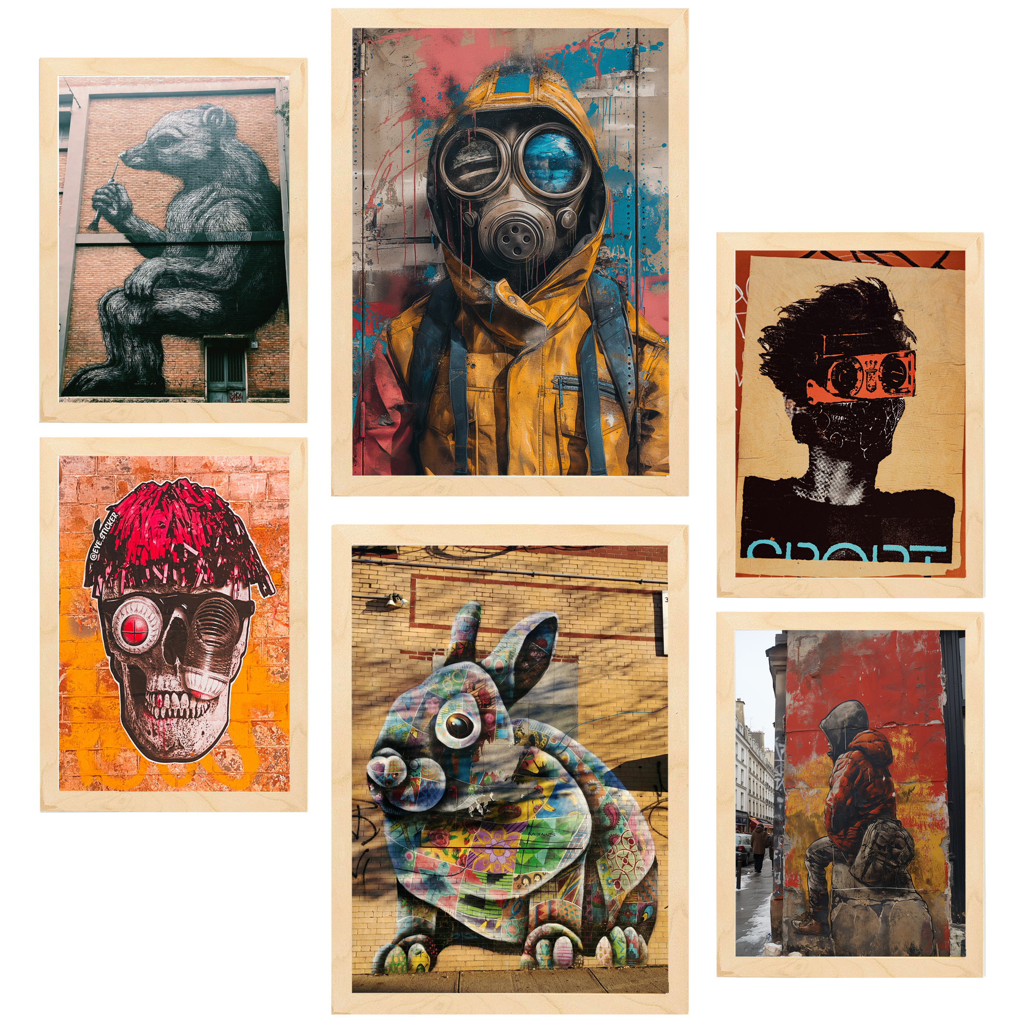 Nacnic set de 6 pósters graffiti, arte callejero tonos marrones estilo banksy marco madera clara