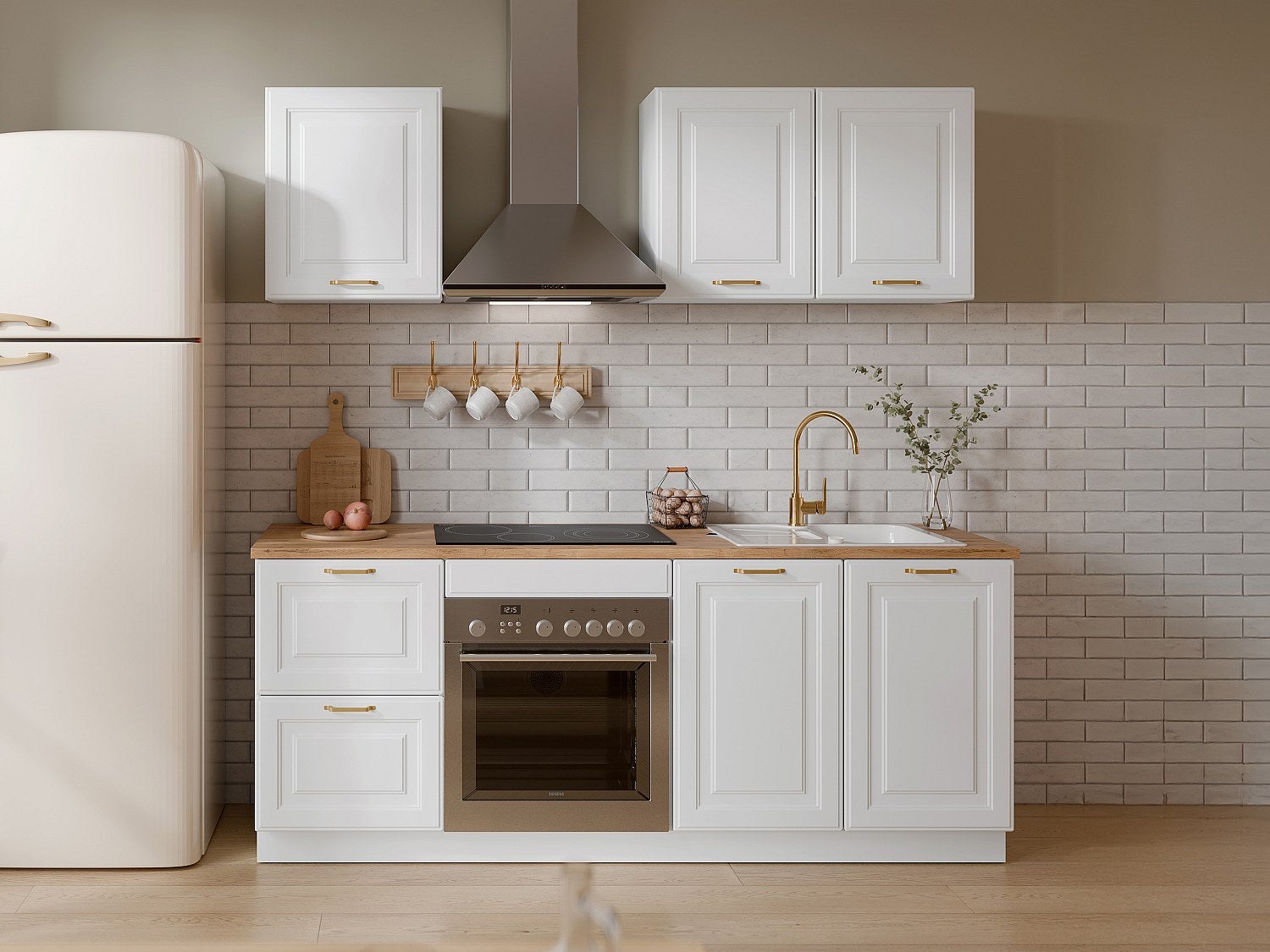 Cucina completa Con piano di lavoro 200 cm Bianco e Naturale - CELOMIA - 7