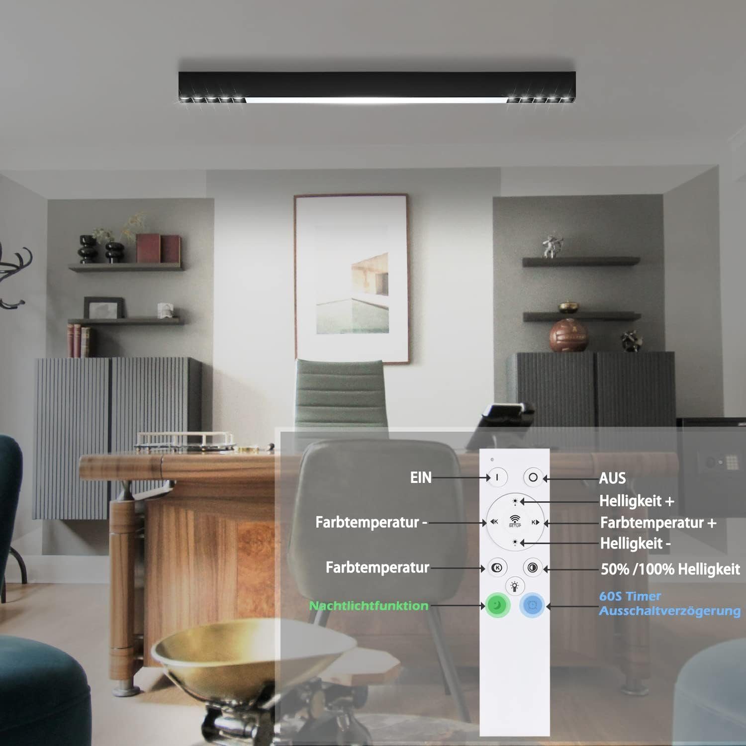 NETTLIFE Czarna lampa sufitowa LED 32W Nowoczesna długa ściemnialna z pilotem 107CM Lampa kuchenna do salonu sypialni biura - 7
