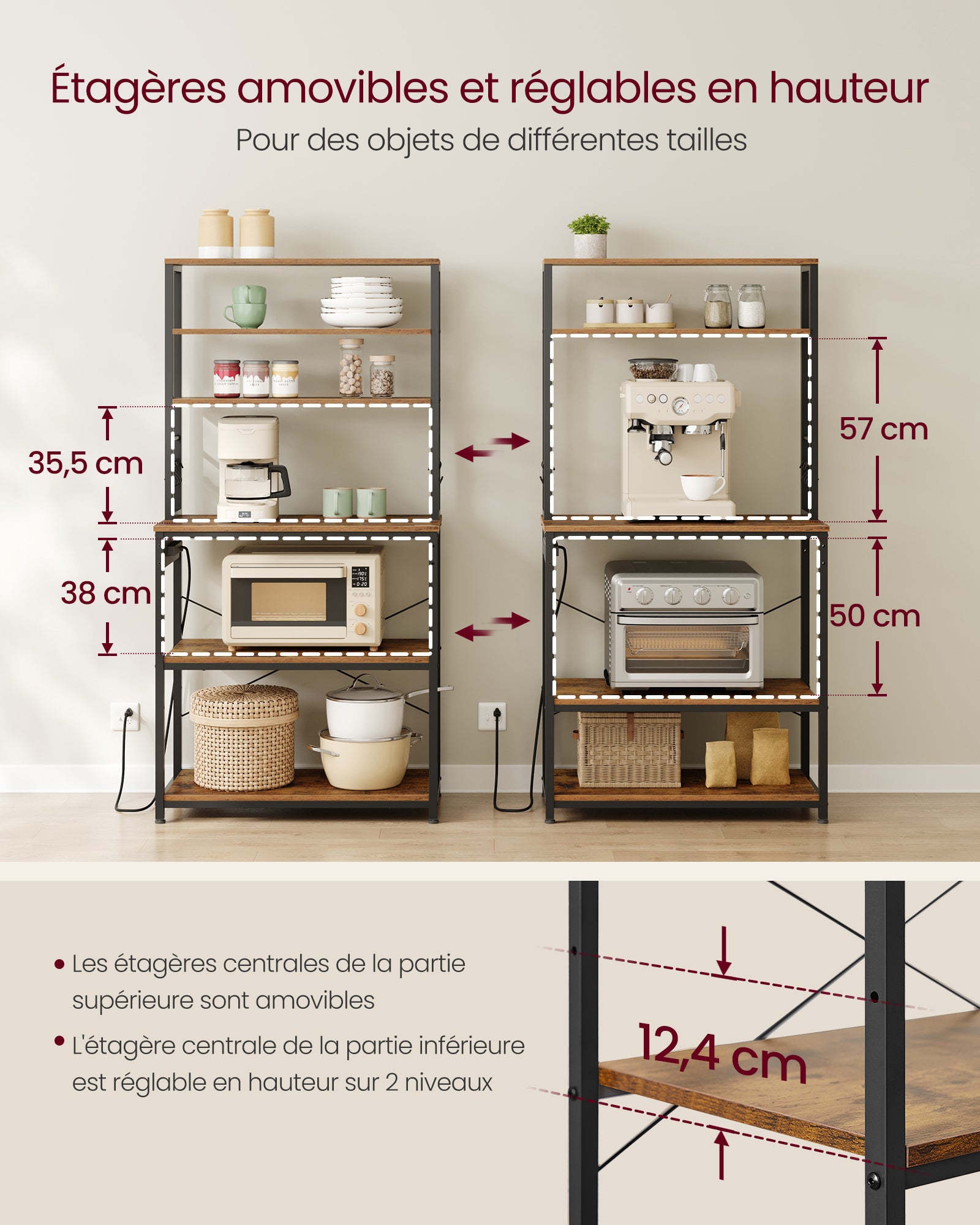 Étagère de Cuisine avec Multiprise, 6 Étagères, 6 Crochets, Cadre en Acier, 40 x 80 x 167 cm, Marron Rustique et Noir d'Encre - 7
