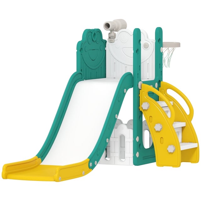 Ensemble de toboggan 5 en 1 pour enfants, télescopique, avec panier de basket, en plastique, jaune et vert.