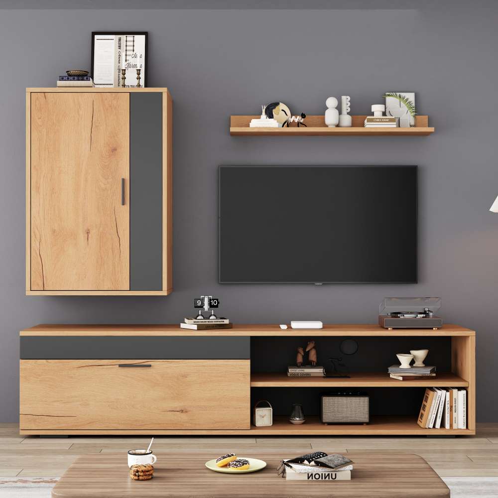 3-częściowy zestaw ścienny pod telewizor 140x35x39 cm z wiszącymi schowkami i półką ścienną – Nowoczesny zestaw wypoczynkowy w kolorze drewna i czerni