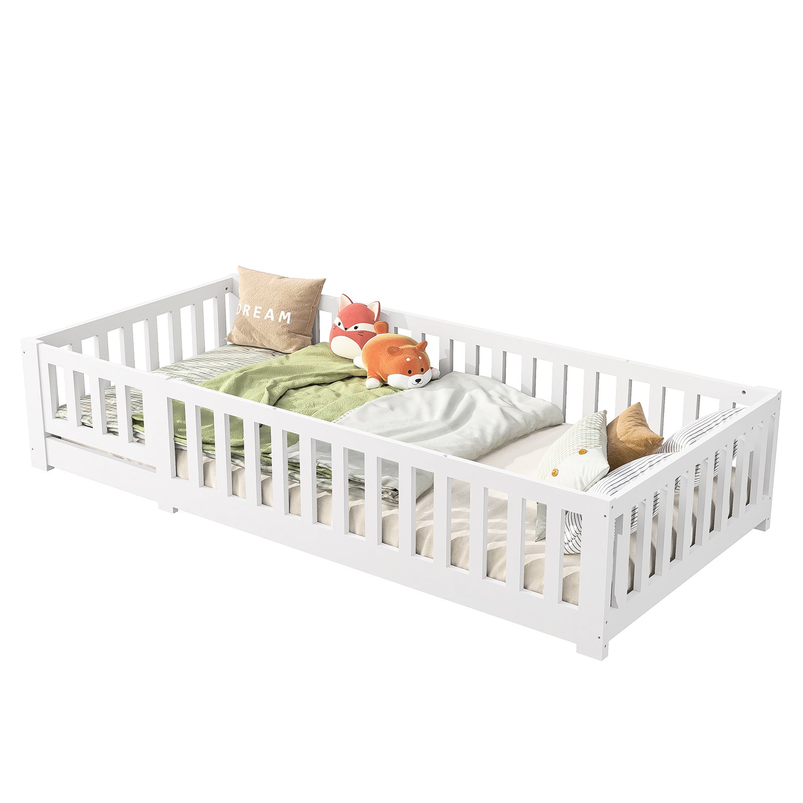 Lit Enfant 90 x 200 cm, Lit de sol en Bois Naturel de Pin Massif avec porte et Barrière de Sécurité, Lit Montessori avec sommier à lattes, Blanc - 9