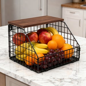 Cesto da banco a 2 ripiani per frutta a doppio strato, staccabile con manico in legno, adatto per frutta, verdura e snack (nero