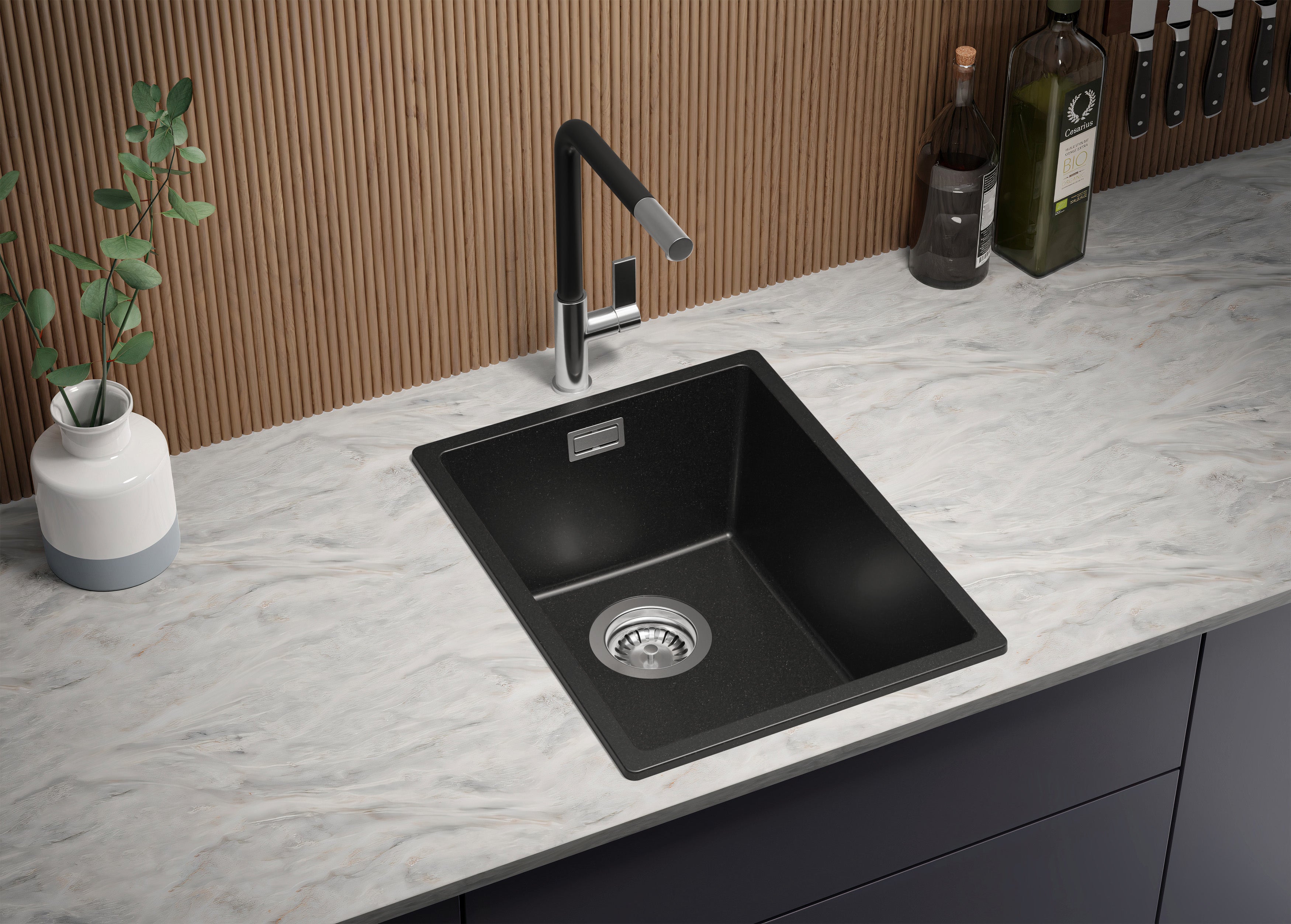 Lavandino da Cucina Nero 36x47cm, Lavello in Granito a 1 vasca + Sifone Classico + Accessori, Lavabo da Cucina Incasso al mobile 40cm PRIMAGRAN - 3