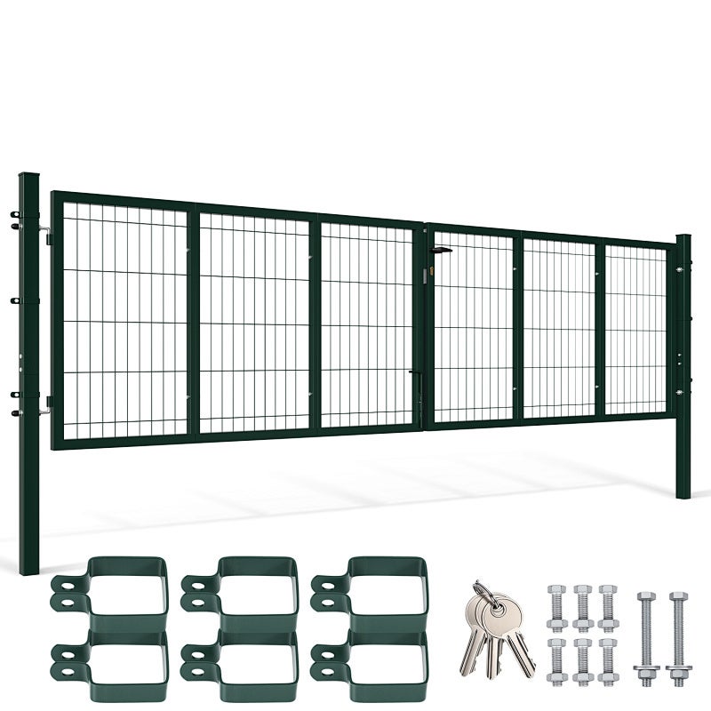Metalowa furtka ogrodowa 350 x 100 cm - Podwójne skrzydła Furtka z siatką - Z zamkiem, uchwytem i blokadą podłogową - Zielona Kwadratowa rura