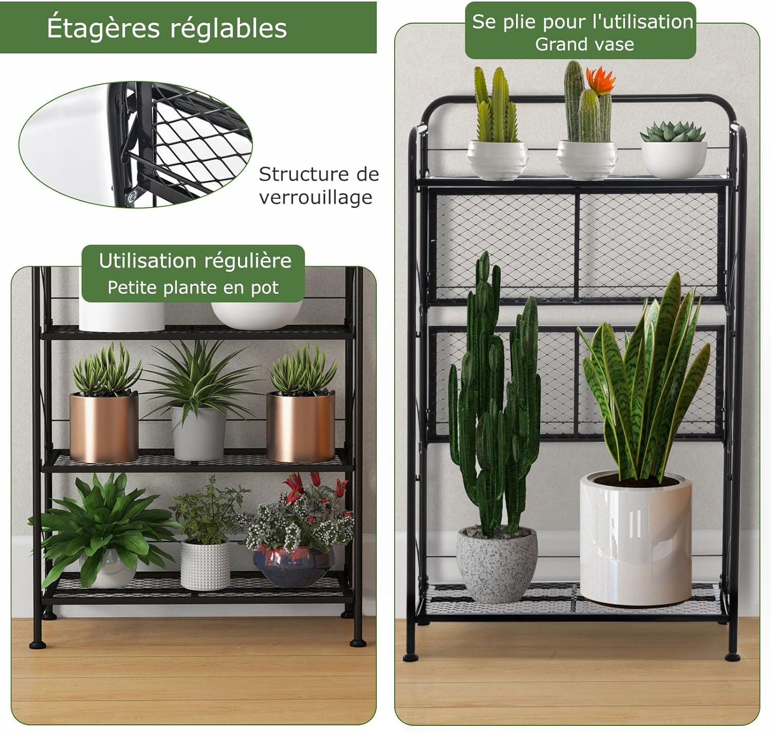 Support de Plantes Pliable à 4 Niveaux en Métal, 60 x 25 x 100 cm, Noir - 7