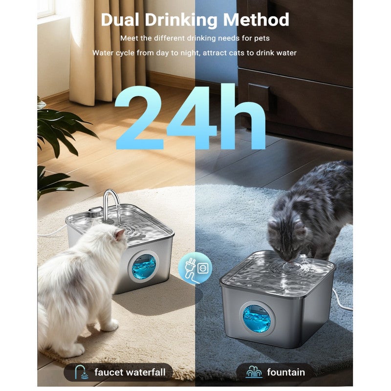 Acier inoxydable Fontaine à eau pour animaux de 2,6 L avec filtration 3 étages, chrome,avec réservoir transparent + 3 filtres + 3 mousses + 1 brosse - 5