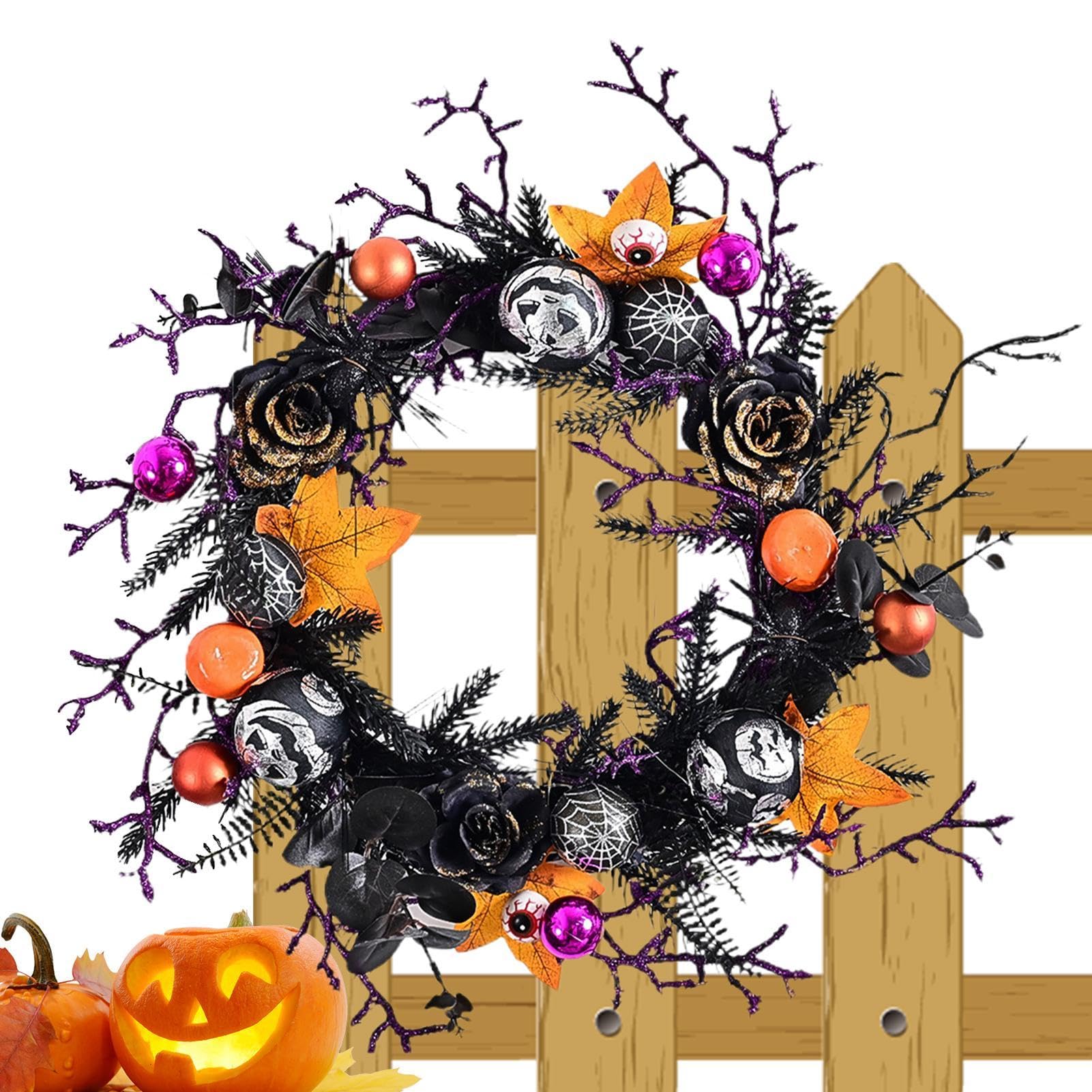 Halloweenowy wieniec na drzwi wejściowe, Halloweenowy wieniec dekoracyjny, wieniec z liści klonu, Halloweenowy wieniec na okno werandy