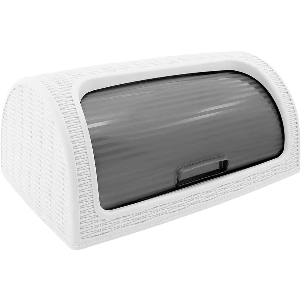 Panera De Plástico Tipo Ratán Con Tapa Enrollable - Sin BPA, Color Blanco, 41x27x18 Cm, Para Pan, Alimentos Secos, Organización De Cocina